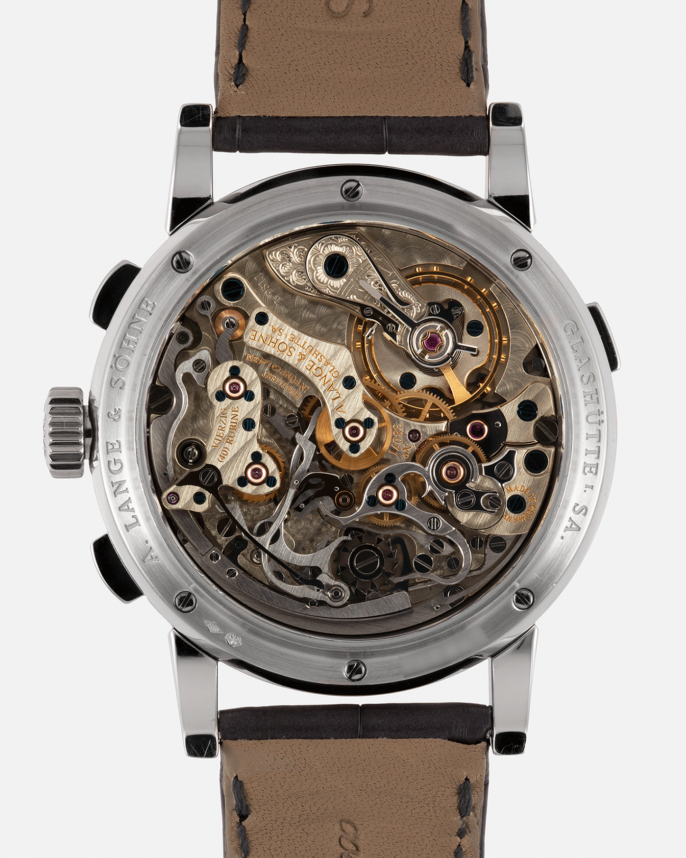 Brand: A. Lange & Sohne Year: 2004 Model: Datograph Reference Number: 403.035 Material: Platinum Movement: Manual Winding L951.1 Case Diameter: 39mm Bracelet/Strap: A. Lange & Sohne Black Alligator Strap with signed Platinum Tang Buckle and Custom Made Grey Jean Rousseau for ALS Alligator Strap