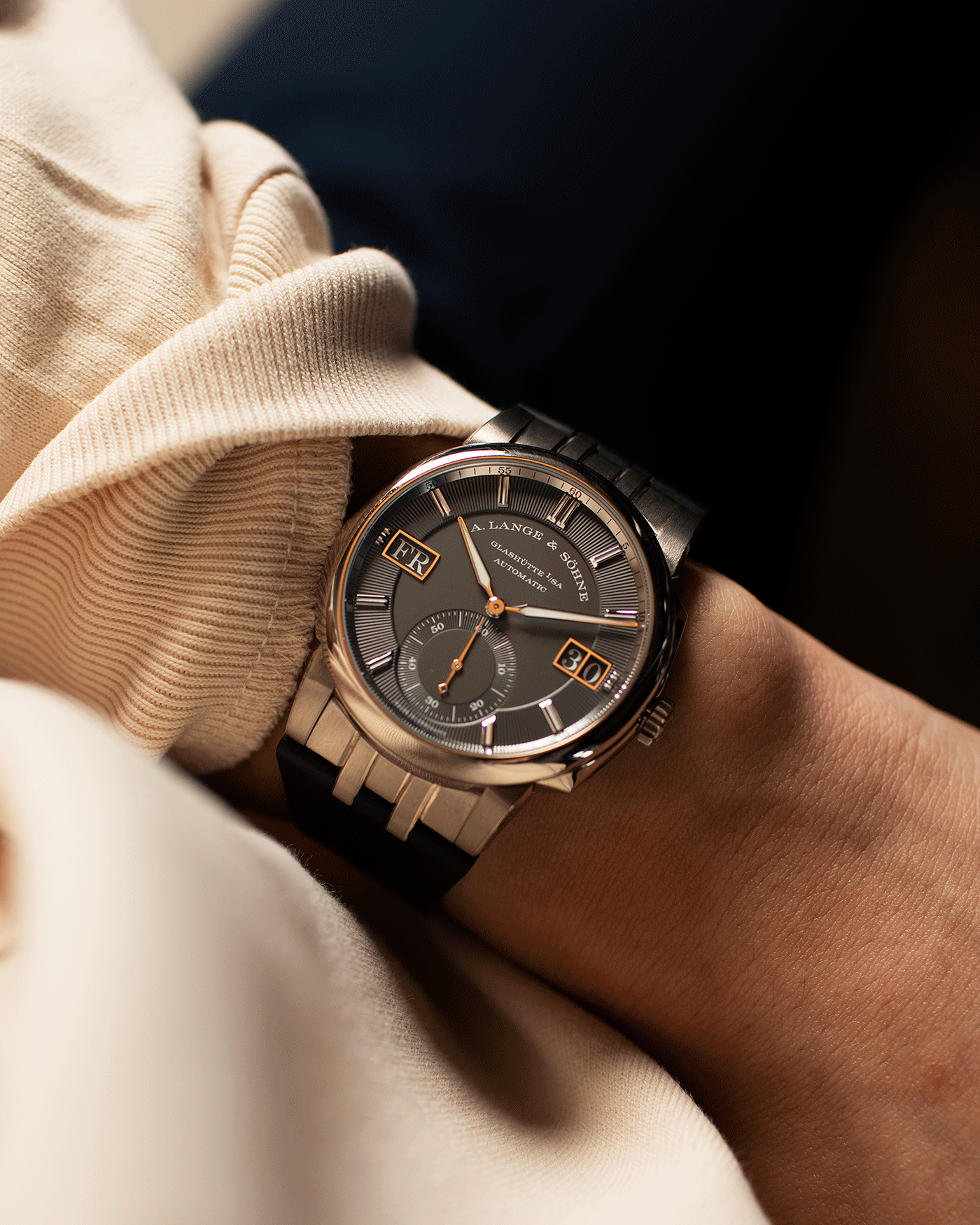 Brand: A. Lange & Sohne Year: 2021 Model: Datomatic Odysseus Ref Number: 363.038 Material: 18k White Gold Movement: Self-Winding In-House L155.1 Case Diameter: 38mm Bracelet/Strap: A. Lange & Sohne Brown Leather Strap and Black Rubber Strap with signed 18k White Gold Tang Buckle