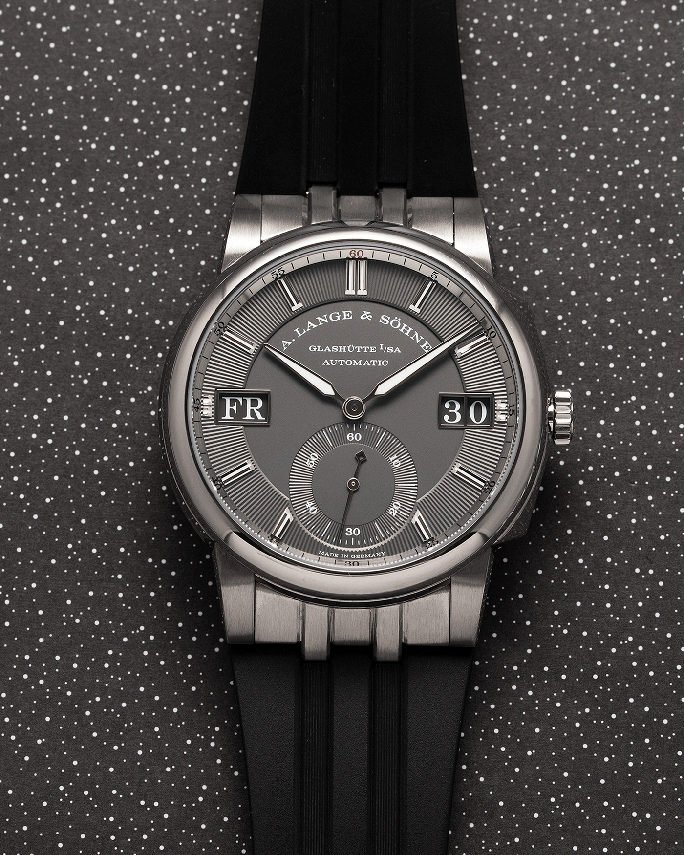 Brand: A. Lange & Sohne Year: 2021 Model: Datomatic Odysseus Ref Number: 363.038 Material: 18k White Gold Movement: Self-Winding In-House L155.1 Case Diameter: 38mm Bracelet/Strap: A. Lange & Sohne Brown Leather Strap and Black Rubber Strap with signed 18k White Gold Tang Buckle