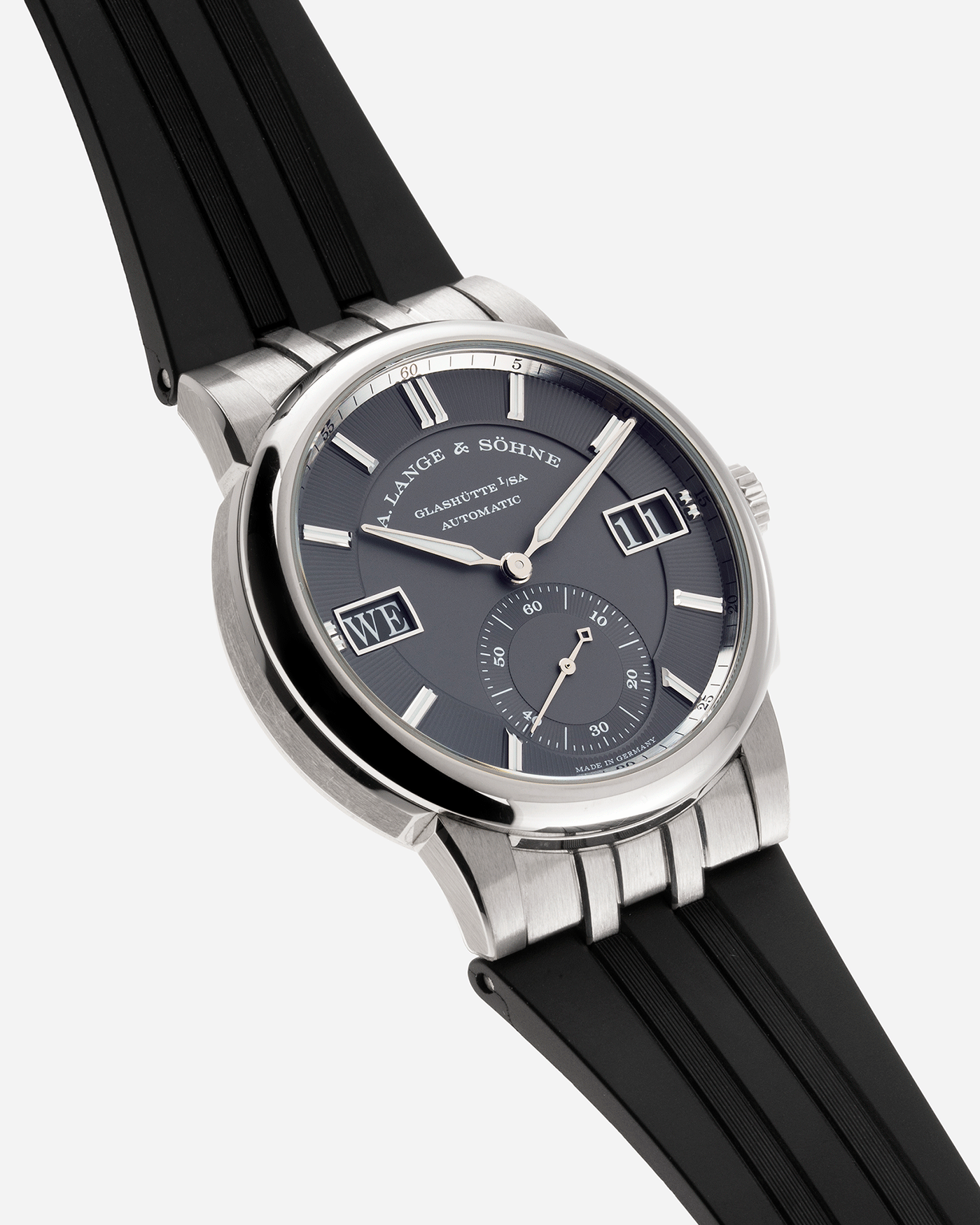 Brand: A. Lange & Sohne Year: 2021 Model: Datomatic Odysseus Ref Number: 363.038 Material: 18k White Gold Movement: Self-Winding In-House L155.1 Case Diameter: 38mm Bracelet/Strap: A. Lange & Sohne Brown Leather Strap and Black Rubber Strap with signed 18k White Gold Tang Buckle