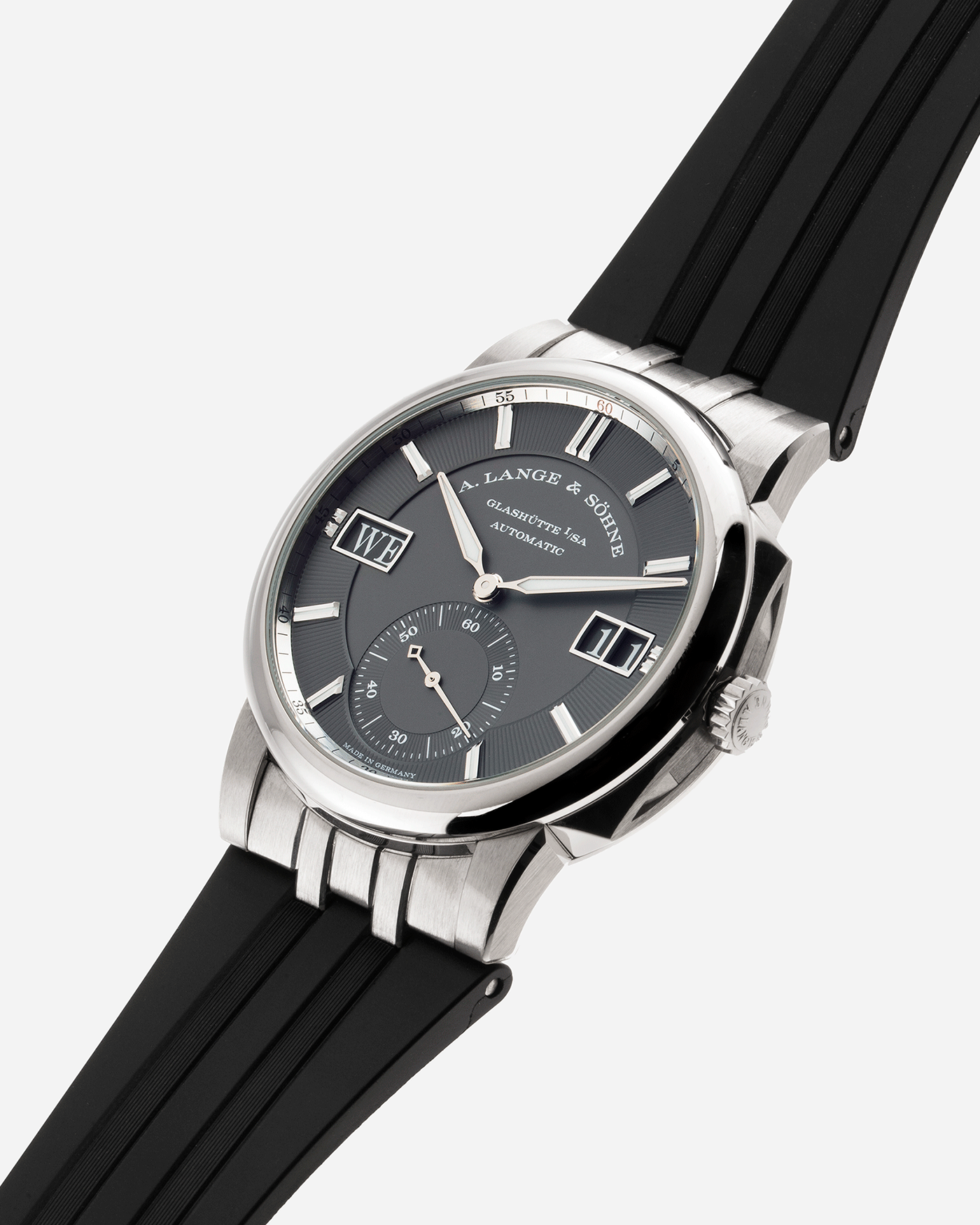 Brand: A. Lange & Sohne Year: 2021 Model: Datomatic Odysseus Ref Number: 363.038 Material: 18k White Gold Movement: Self-Winding In-House L155.1 Case Diameter: 38mm Bracelet/Strap: A. Lange & Sohne Brown Leather Strap and Black Rubber Strap with signed 18k White Gold Tang Buckle