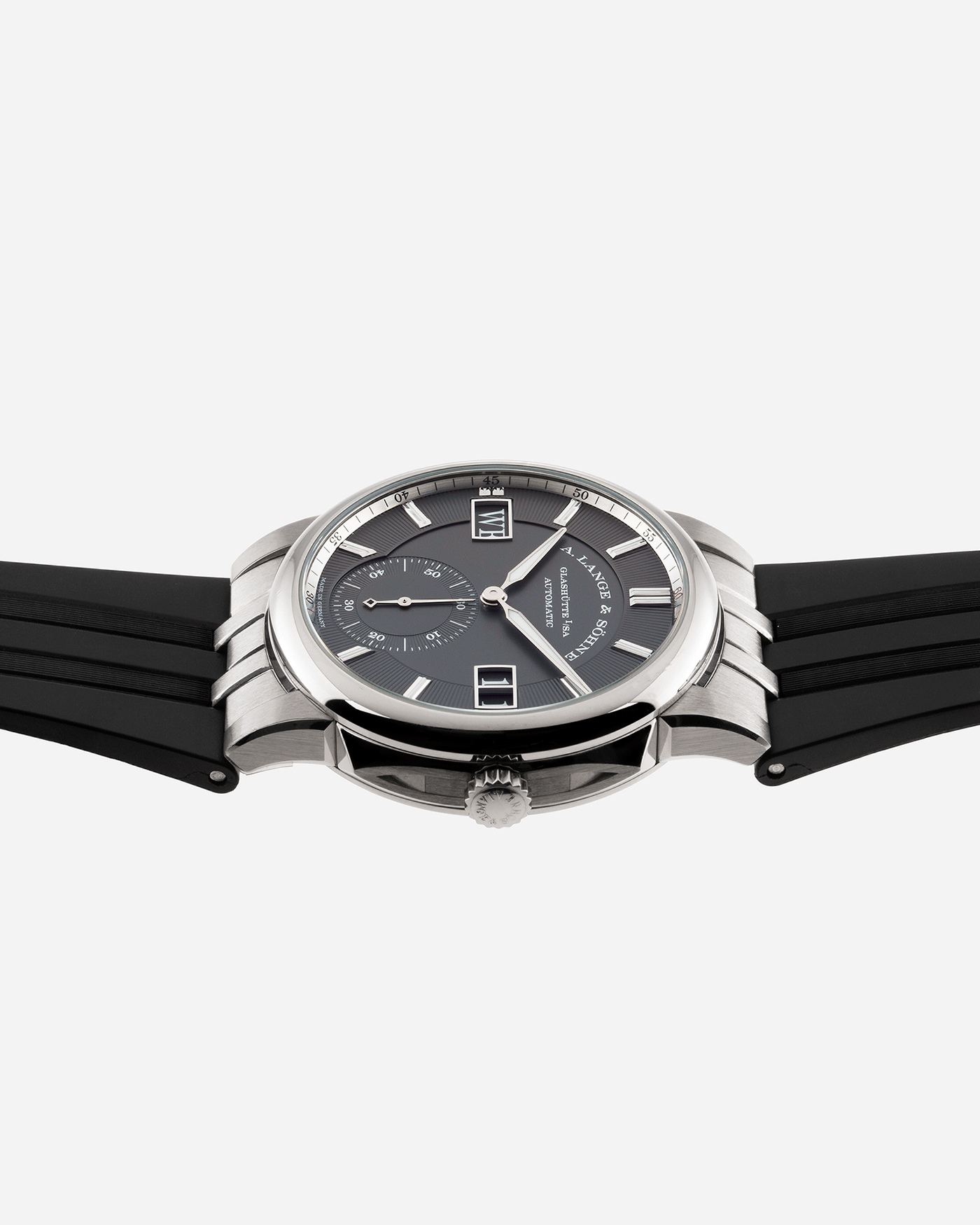 Brand: A. Lange & Sohne Year: 2021 Model: Datomatic Odysseus Ref Number: 363.038 Material: 18k White Gold Movement: Self-Winding In-House L155.1 Case Diameter: 38mm Bracelet/Strap: A. Lange & Sohne Brown Leather Strap and Black Rubber Strap with signed 18k White Gold Tang Buckle