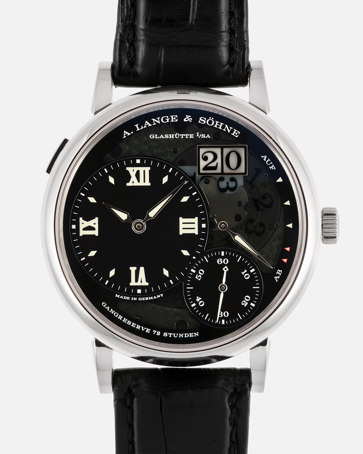 Brand: A. Lange & Sohne Year: 2014 Model: Grand Lange 1 Lumen Reference Number: 117.035 Material: Platinum Movement: Manual Winding L905.2 Case Diameter: 41mm Bracelet/Strap: A. Lange & Sohne Black Alligator Strap and Platinum Deployant Clasp