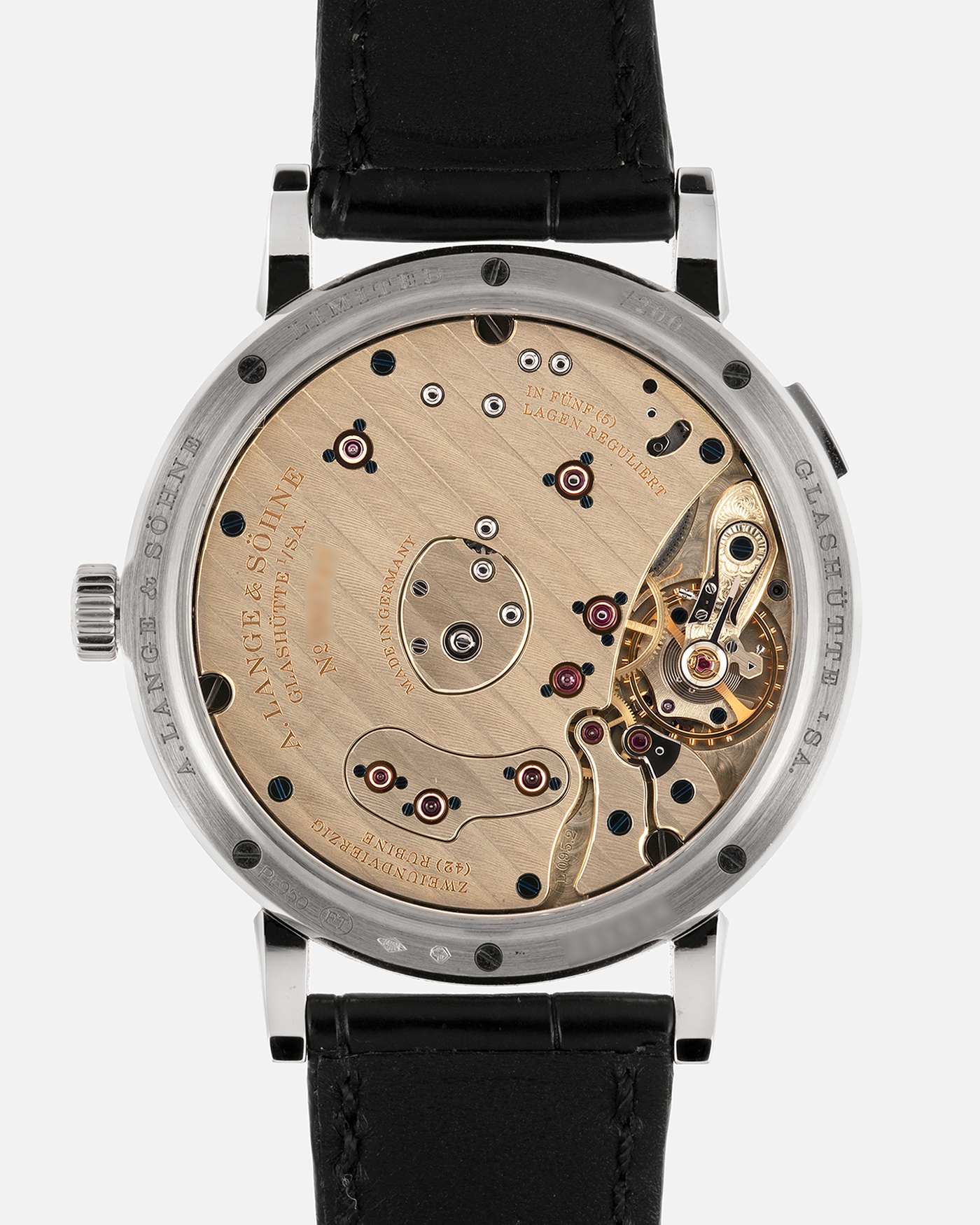 Brand: A. Lange & Sohne Year: 2014 Model: Grand Lange 1 Lumen Reference Number: 117.035 Material: Platinum Movement: Manual Winding L905.2 Case Diameter: 41mm Bracelet/Strap: A. Lange & Sohne Black Alligator Strap and Platinum Deployant Clasp