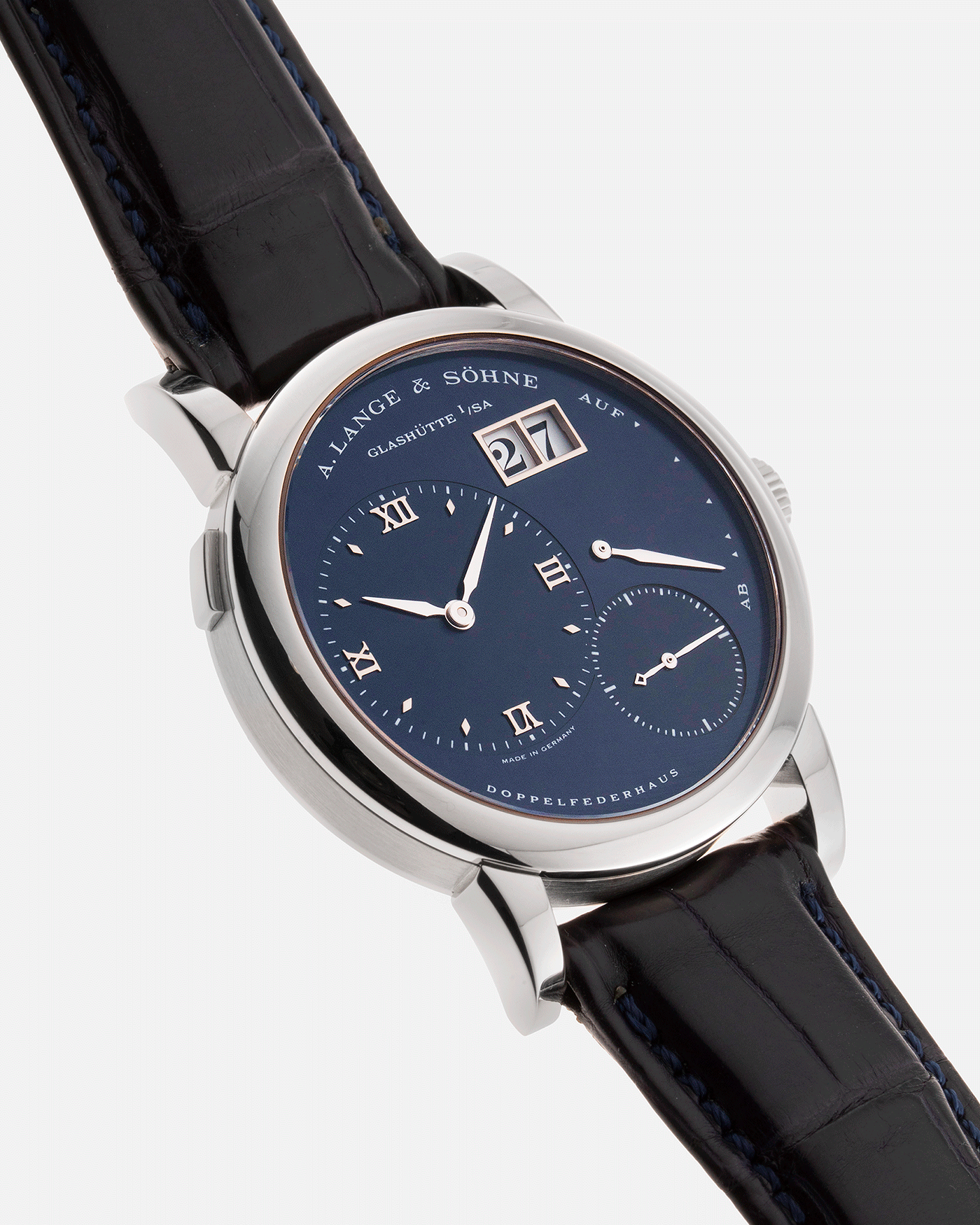 Brand: A. Lange & Sohne Year: 2000’s Model: Lange 1 Reference Number: 101.027 Material: 18k White Gold Movement: Manual Winding L901.5 Case Diameter: 38.5mm Bracelet/Strap: Blue Alligator Strap with 18k White Gold A. Lange & Sohne Tang Buckle