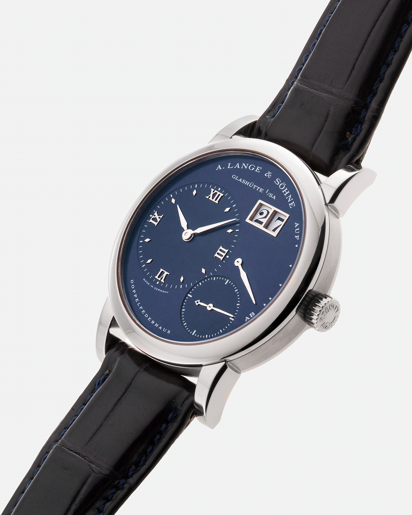 Brand: A. Lange & Sohne Year: 2000’s Model: Lange 1 Reference Number: 101.027 Material: 18k White Gold Movement: Manual Winding L901.5 Case Diameter: 38.5mm Bracelet/Strap: Blue Alligator Strap with 18k White Gold A. Lange & Sohne Tang Buckle