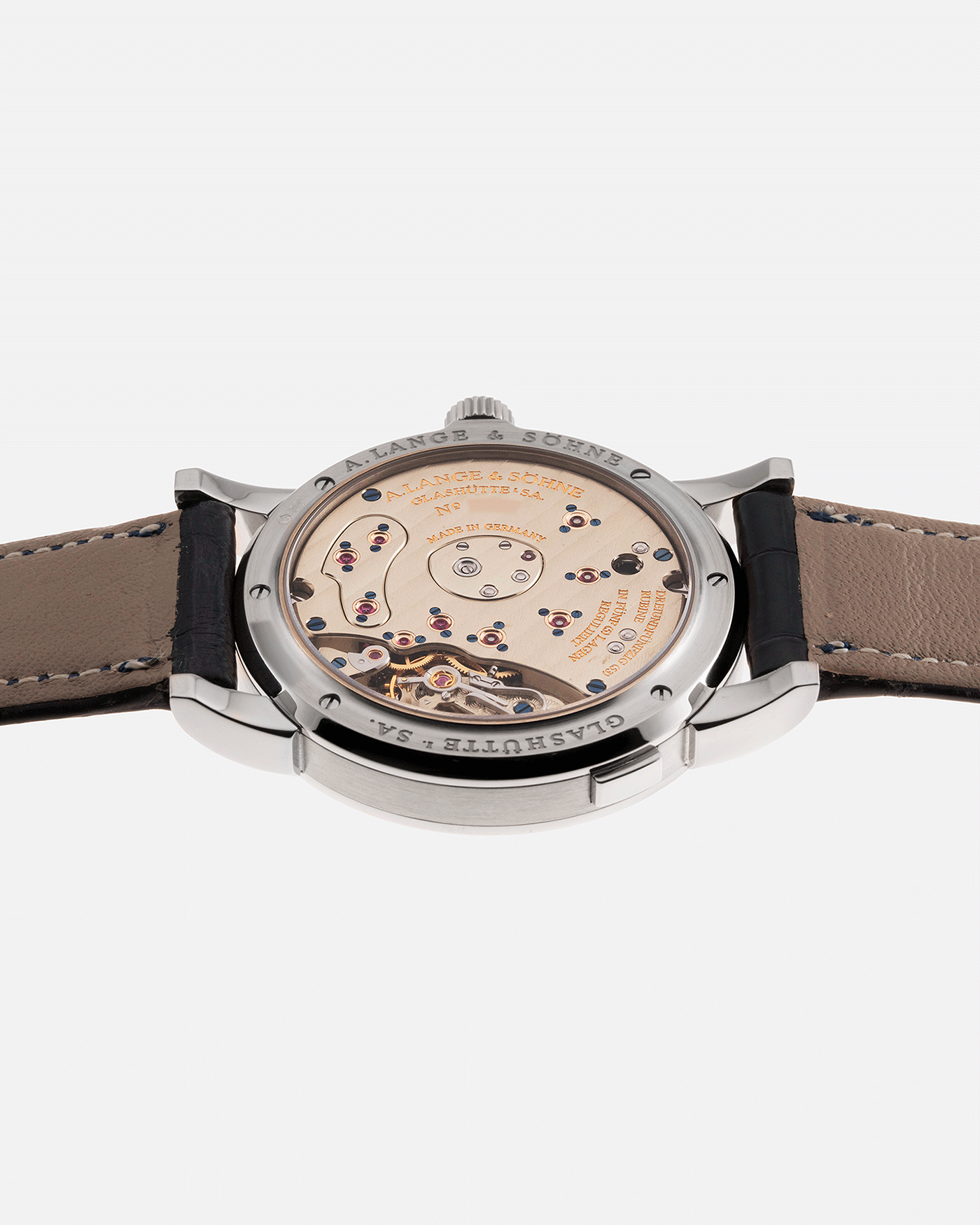 Brand: A. Lange & Sohne Year: 2000’s Model: Lange 1 Reference Number: 101.027 Material: 18k White Gold Movement: Manual Winding L901.5 Case Diameter: 38.5mm Bracelet/Strap: Blue Alligator Strap with 18k White Gold A. Lange & Sohne Tang Buckle