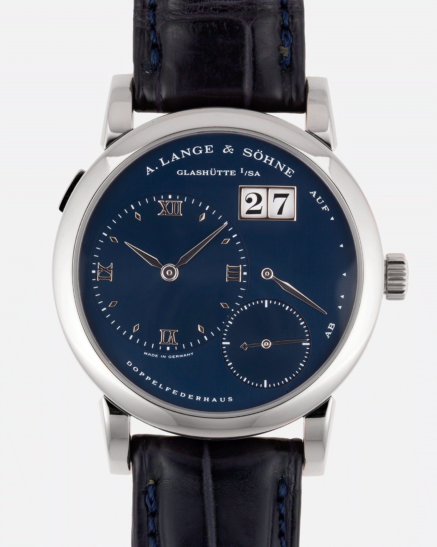 Brand: A. Lange & Sohne Year: 2000’s Model: Lange 1 Reference Number: 101.027 Material: 18k White Gold Movement: Manual Winding L901.5 Case Diameter: 38.5mm Bracelet/Strap: Blue Alligator Strap with 18k White Gold A. Lange & Sohne Tang Buckle