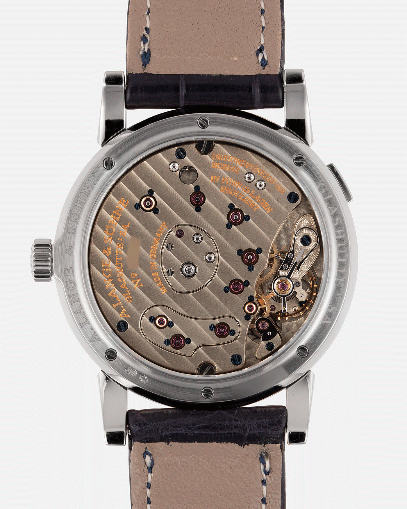 Brand: A. Lange & Sohne Year: 2000’s Model: Lange 1 Reference Number: 101.027 Material: 18k White Gold Movement: Manual Winding L901.5 Case Diameter: 38.5mm Bracelet/Strap: Blue Alligator Strap with 18k White Gold A. Lange & Sohne Tang Buckle