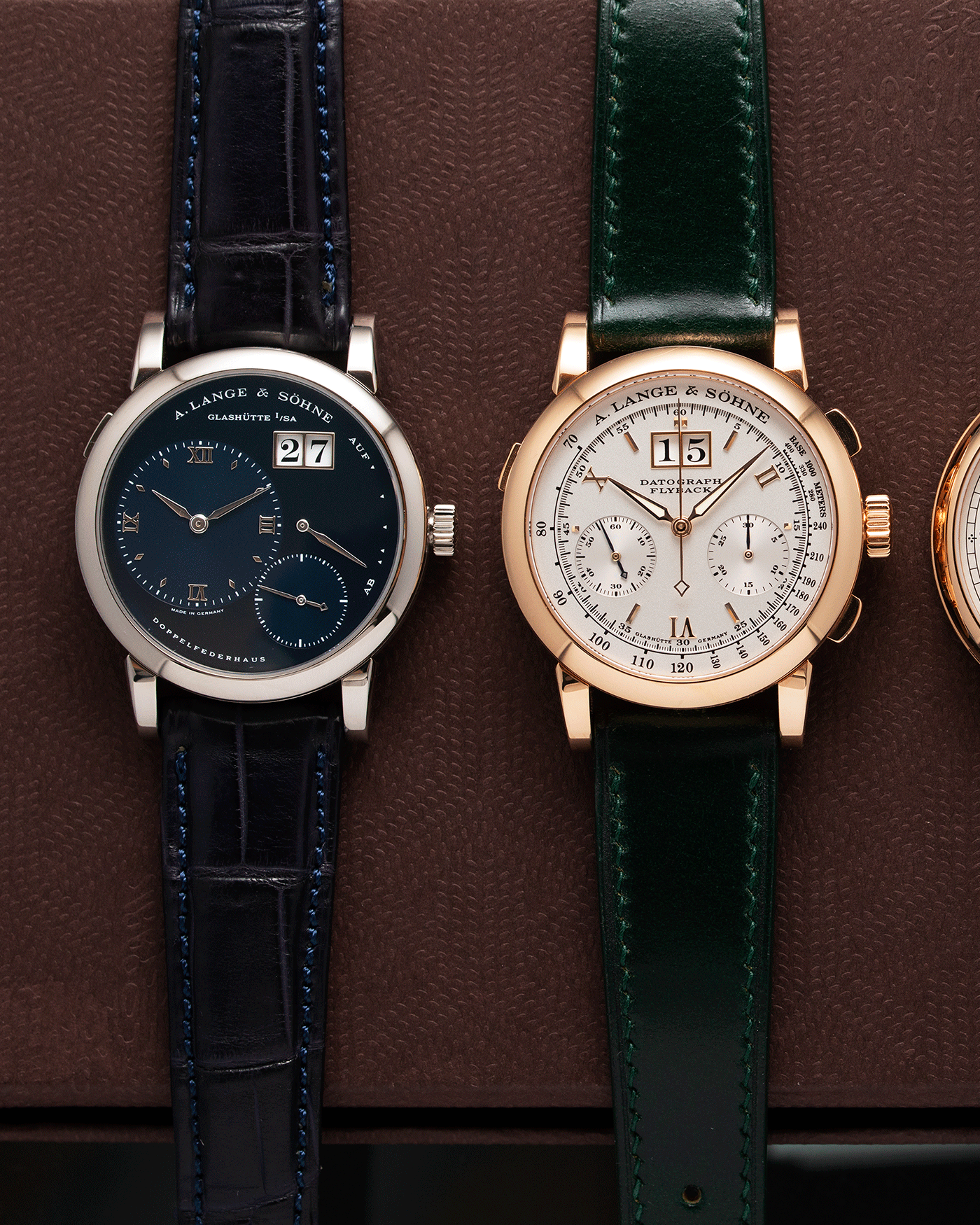 Brand: A. Lange & Sohne Year: 2000’s Model: Lange 1 Reference Number: 101.027 Material: 18k White Gold Movement: Manual Winding L901.5 Case Diameter: 38.5mm Bracelet/Strap: Blue Alligator Strap with 18k White Gold A. Lange & Sohne Tang Buckle