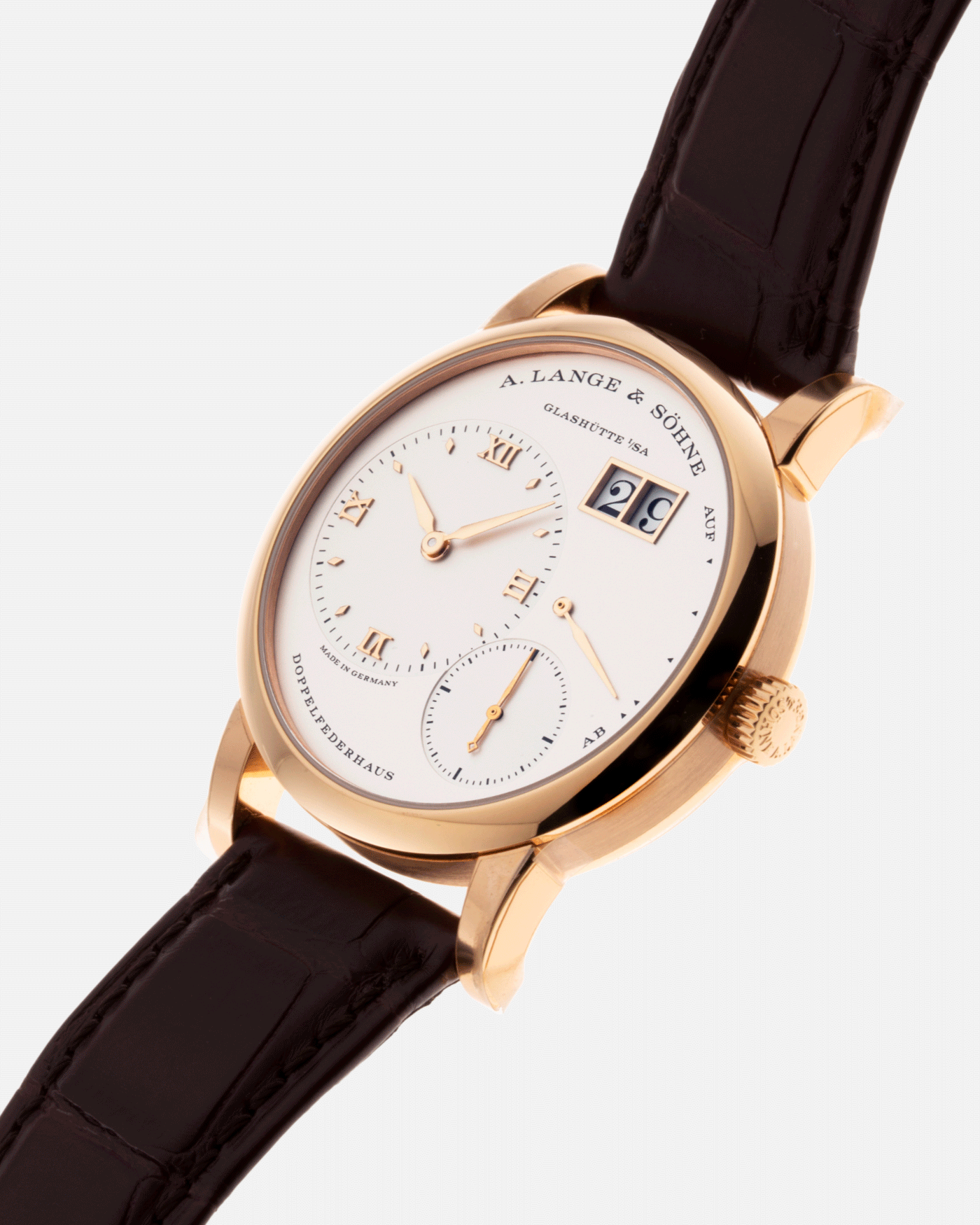 Brand: A. Lange & Sohne Year: 2021 Model: Lange 1 Reference Number: 191.032 Material: 18k Rose Gold Movement: Manual Winding L121.1 Case Diameter: 38.5mm Bracelet/Strap: Chestnut Brown Alligator Strap with 18k Rose Gold A. Lange & Sohne Tang Buckle