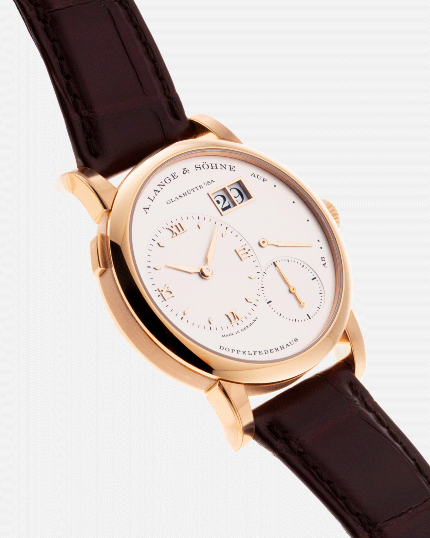 Brand: A. Lange & Sohne Year: 2021 Model: Lange 1 Reference Number: 191.032 Material: 18k Rose Gold Movement: Manual Winding L121.1 Case Diameter: 38.5mm Bracelet/Strap: Chestnut Brown Alligator Strap with 18k Rose Gold A. Lange & Sohne Tang Buckle