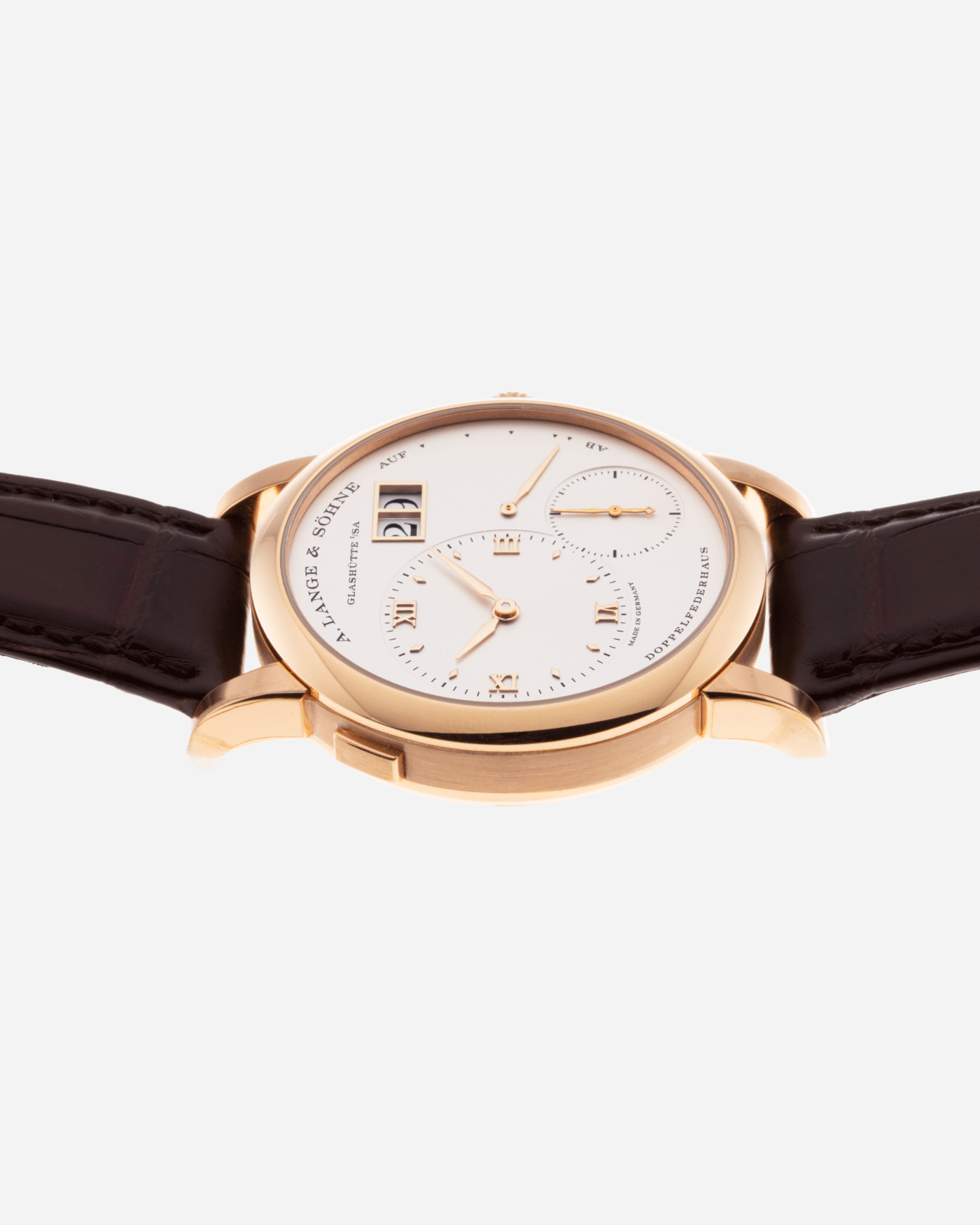 Brand: A. Lange & Sohne Year: 2021 Model: Lange 1 Reference Number: 191.032 Material: 18k Rose Gold Movement: Manual Winding L121.1 Case Diameter: 38.5mm Bracelet/Strap: Chestnut Brown Alligator Strap with 18k Rose Gold A. Lange & Sohne Tang Buckle