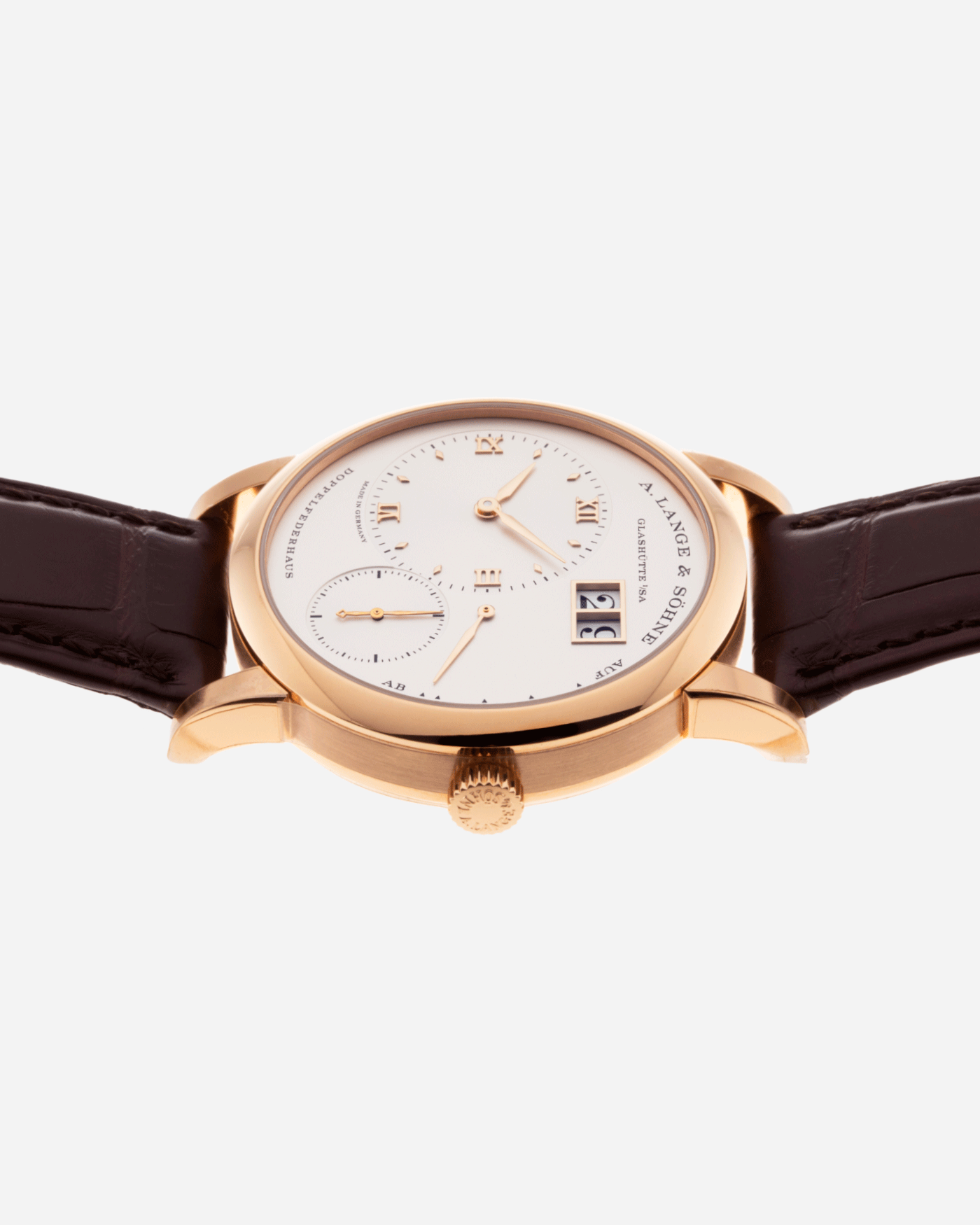 Brand: A. Lange & Sohne Year: 2021 Model: Lange 1 Reference Number: 191.032 Material: 18k Rose Gold Movement: Manual Winding L121.1 Case Diameter: 38.5mm Bracelet/Strap: Chestnut Brown Alligator Strap with 18k Rose Gold A. Lange & Sohne Tang Buckle