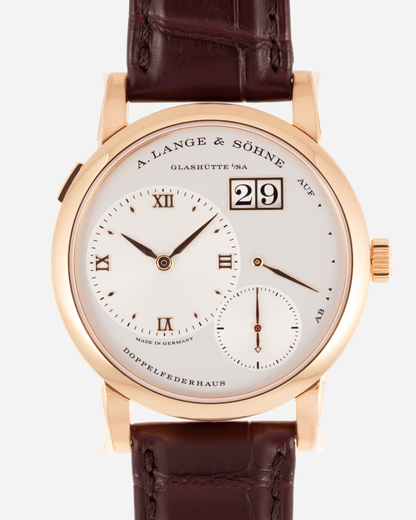 Brand: A. Lange & Sohne Year: 2021 Model: Lange 1 Reference Number: 191.032 Material: 18k Rose Gold Movement: Manual Winding L121.1 Case Diameter: 38.5mm Bracelet/Strap: Chestnut Brown Alligator Strap with 18k Rose Gold A. Lange & Sohne Tang Buckle