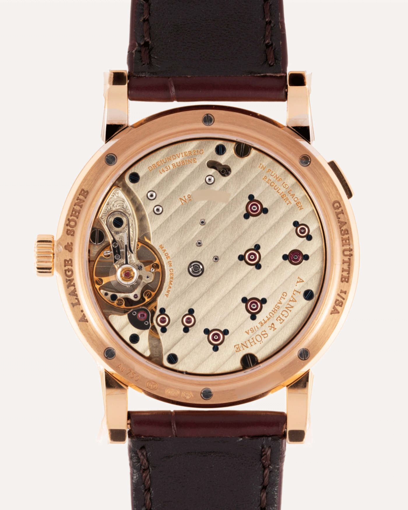 Brand: A. Lange & Sohne Year: 2021 Model: Lange 1 Reference Number: 191.032 Material: 18k Rose Gold Movement: Manual Winding L121.1 Case Diameter: 38.5mm Bracelet/Strap: Chestnut Brown Alligator Strap with 18k Rose Gold A. Lange & Sohne Tang Buckle