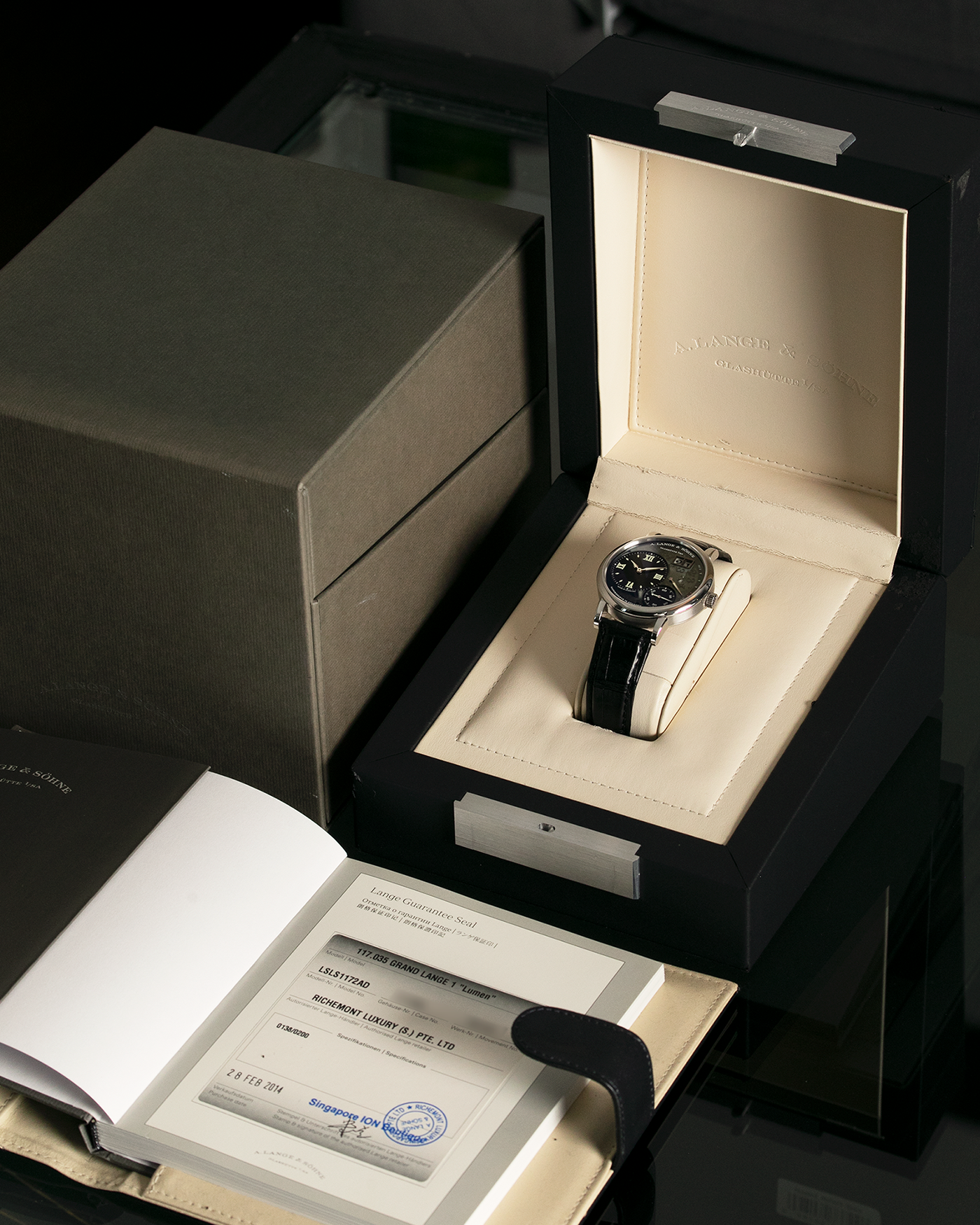 Brand: A. Lange & Sohne Year: 2014 Model: Grand Lange 1 Lumen Reference Number: 117.035 Material: Platinum Movement: Manual Winding L905.2 Case Diameter: 41mm Bracelet/Strap: A. Lange & Sohne Black Alligator Strap and Platinum Deployant Clasp