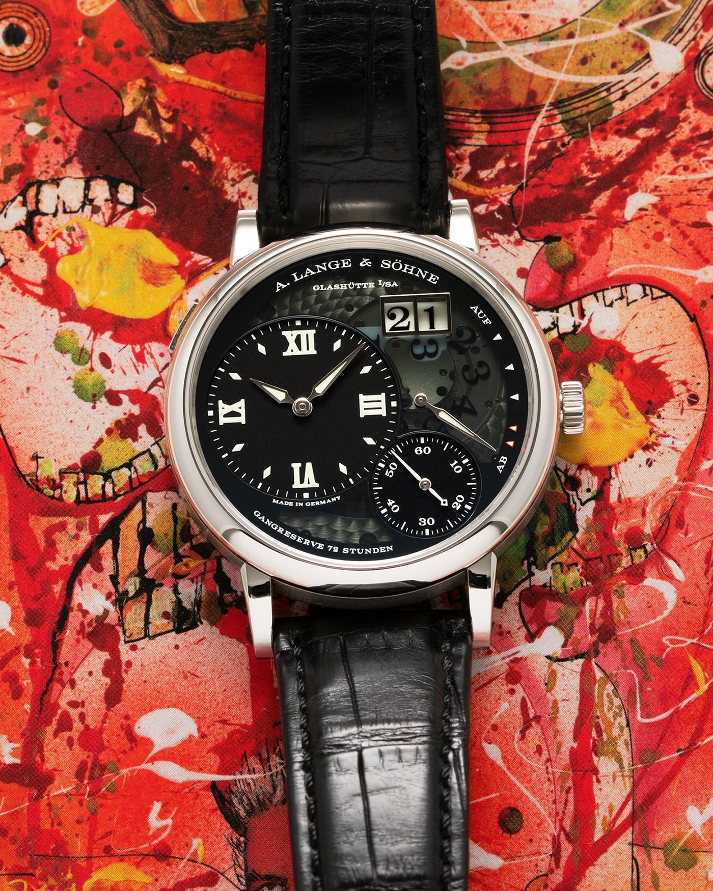 Brand: A. Lange & Sohne Year: 2014 Model: Grand Lange 1 Lumen Reference Number: 117.035 Material: Platinum Movement: Manual Winding L905.2 Case Diameter: 41mm Bracelet/Strap: A. Lange & Sohne Black Alligator Strap and Platinum Deployant Clasp