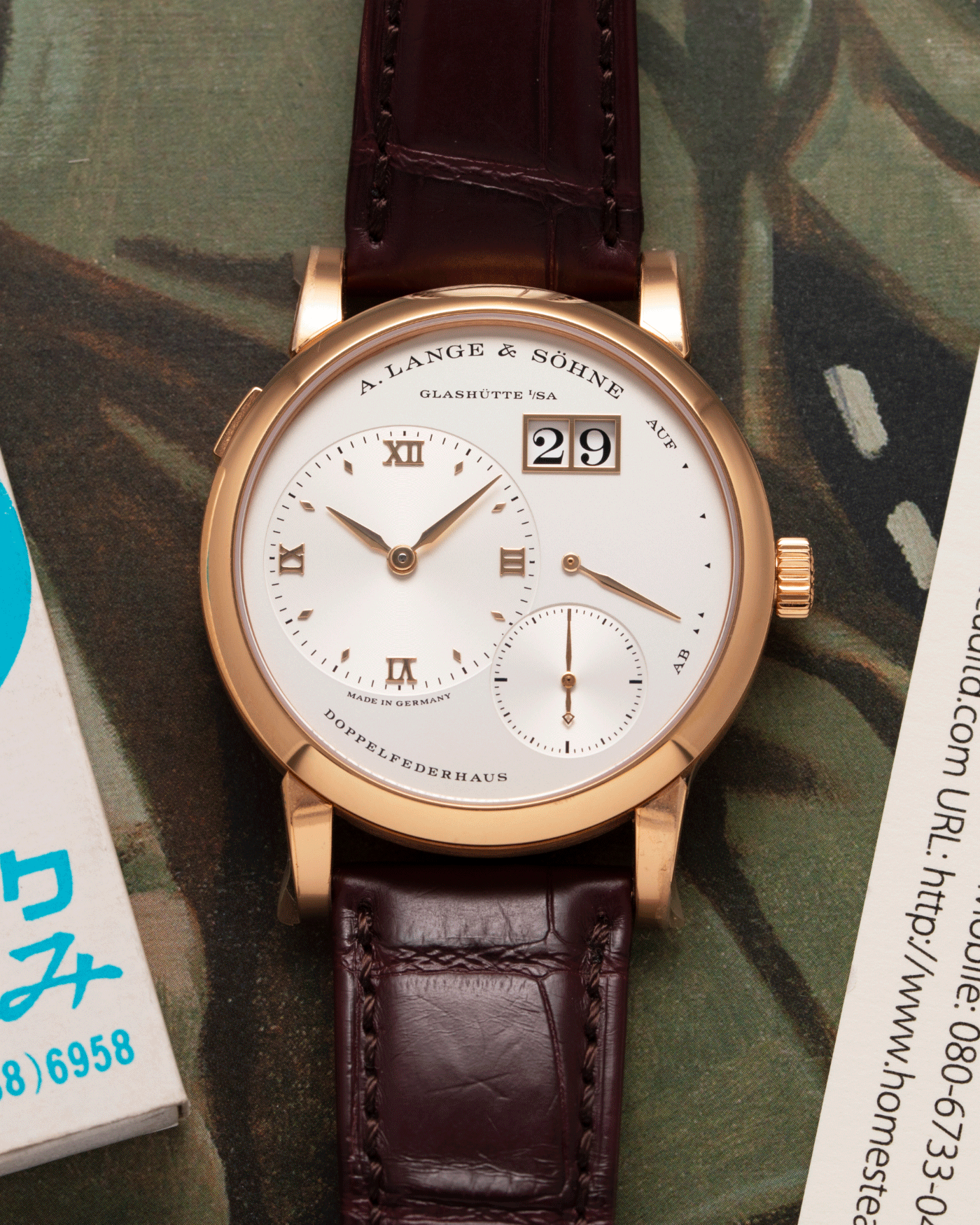 Brand: A. Lange & Sohne Year: 2021 Model: Lange 1 Reference Number: 191.032 Material: 18k Rose Gold Movement: Manual Winding L121.1 Case Diameter: 38.5mm Bracelet/Strap: Chestnut Brown Alligator Strap with 18k Rose Gold A. Lange & Sohne Tang Buckle
