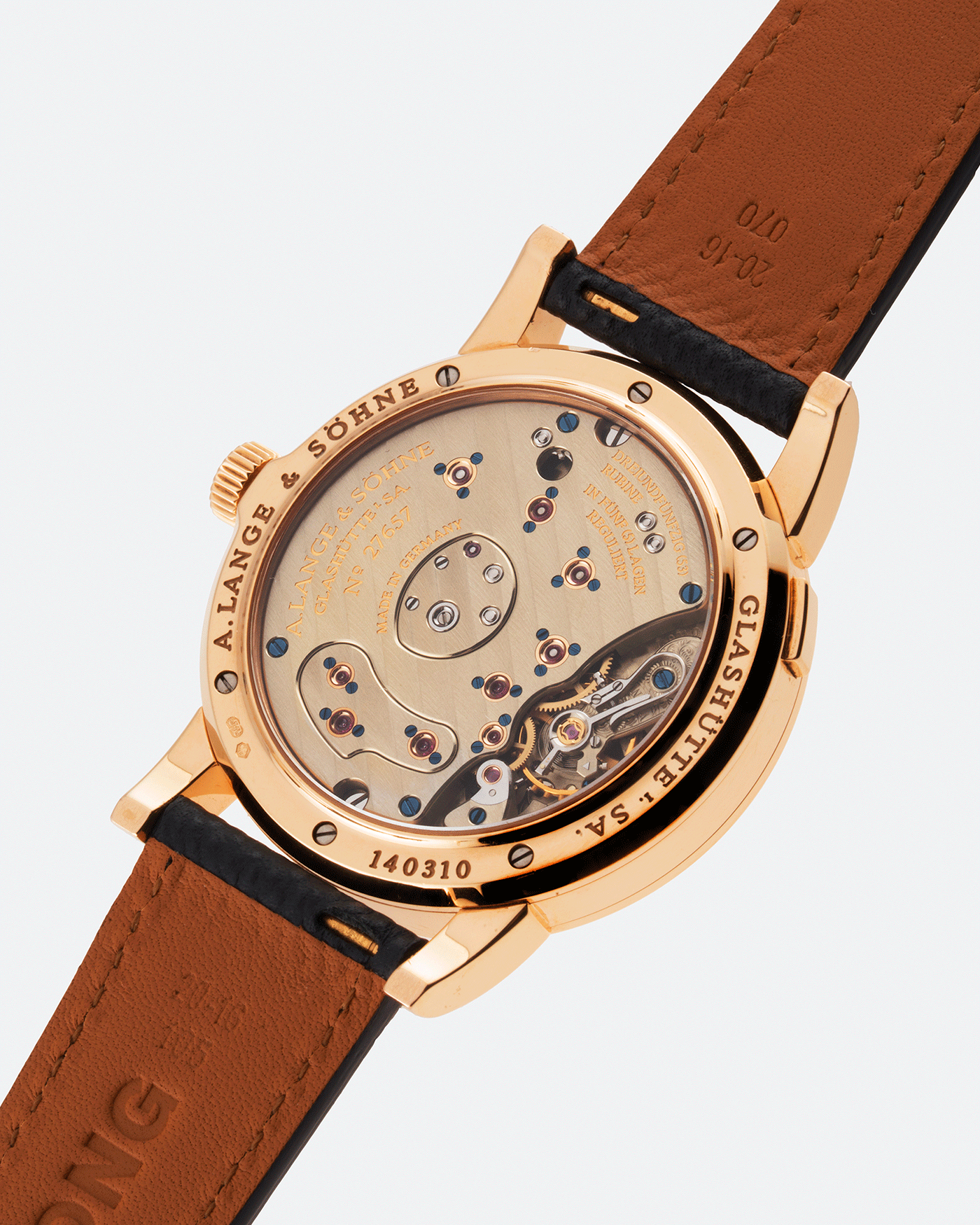 Brand: A. Lange & Sohne Year: 2004 Model: Lange 1 Reference Number: 101.031 Material: 18k Rose Gold Movement: Manual Winding L901.5 Case Diameter: 38.5mm Bracelet/Strap: Nostime Anthracite Textured Calf with 18k Rose Gold Tang Buckle