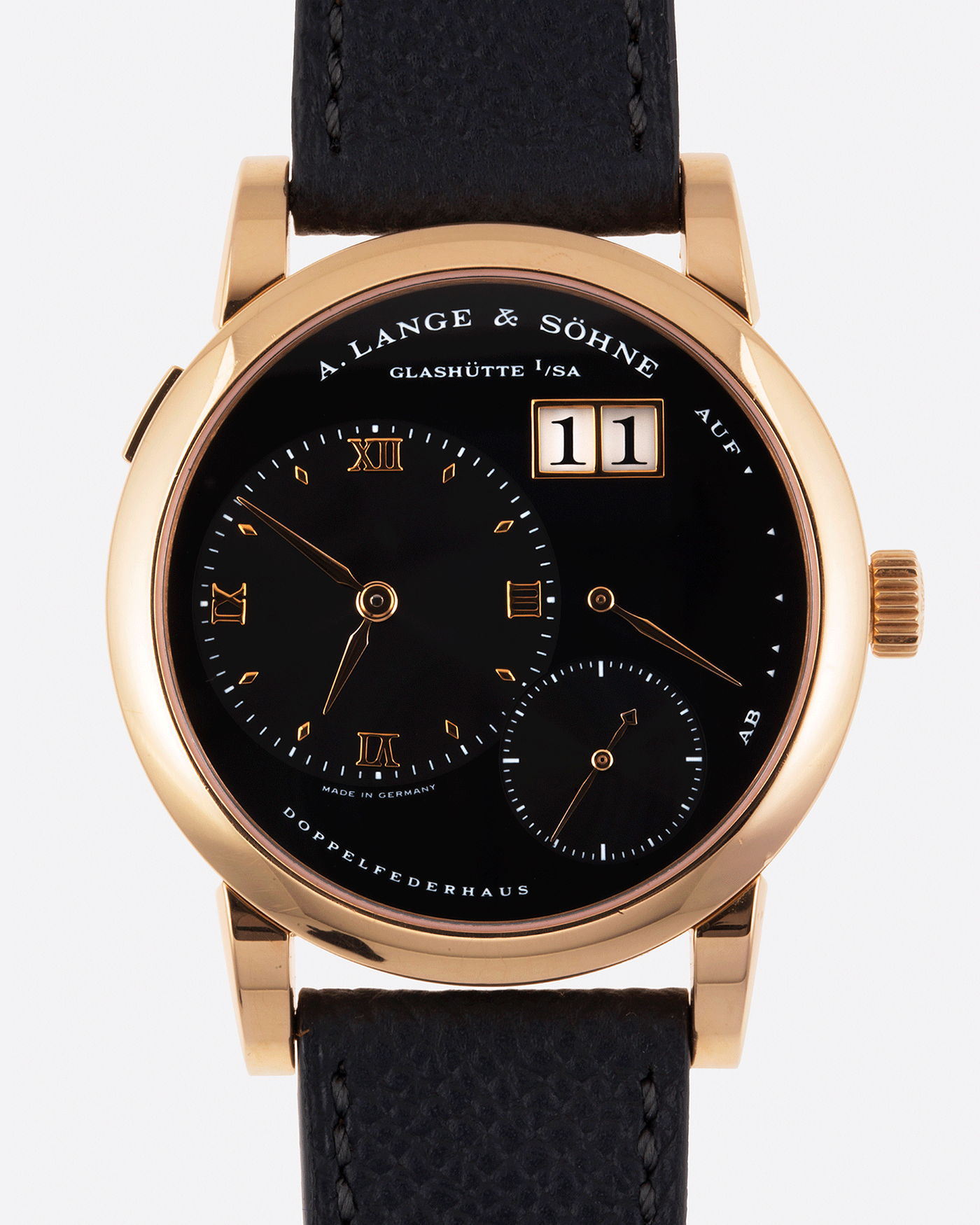 Brand: A. Lange & Sohne Year: 2004 Model: Lange 1 Reference Number: 101.031 Material: 18k Rose Gold Movement: Manual Winding L901.5 Case Diameter: 38.5mm Bracelet/Strap: Nostime Anthracite Textured Calf with 18k Rose Gold Tang Buckle