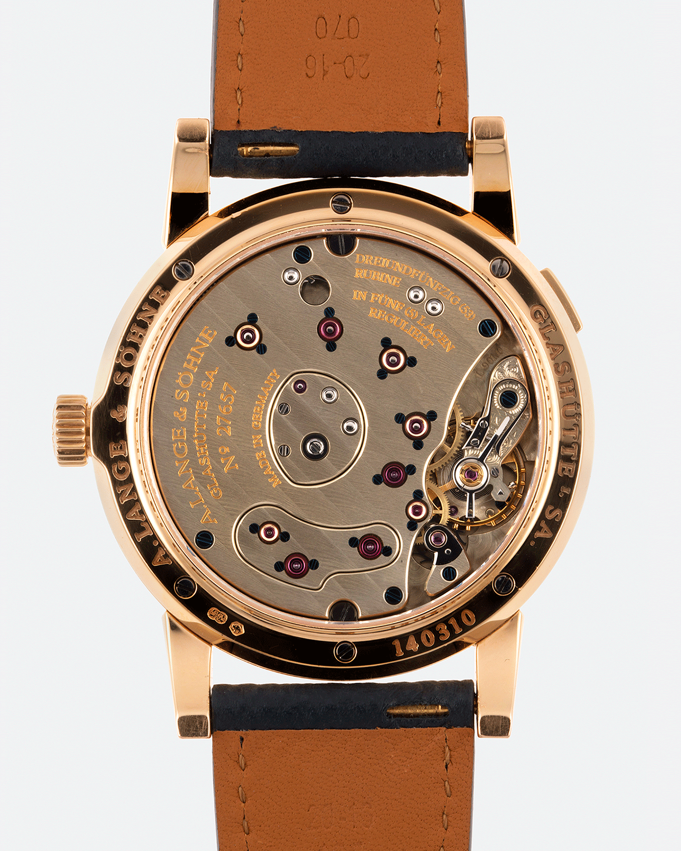 Brand: A. Lange & Sohne Year: 2004 Model: Lange 1 Reference Number: 101.031 Material: 18k Rose Gold Movement: Manual Winding L901.5 Case Diameter: 38.5mm Bracelet/Strap: Nostime Anthracite Textured Calf with 18k Rose Gold Tang Buckle