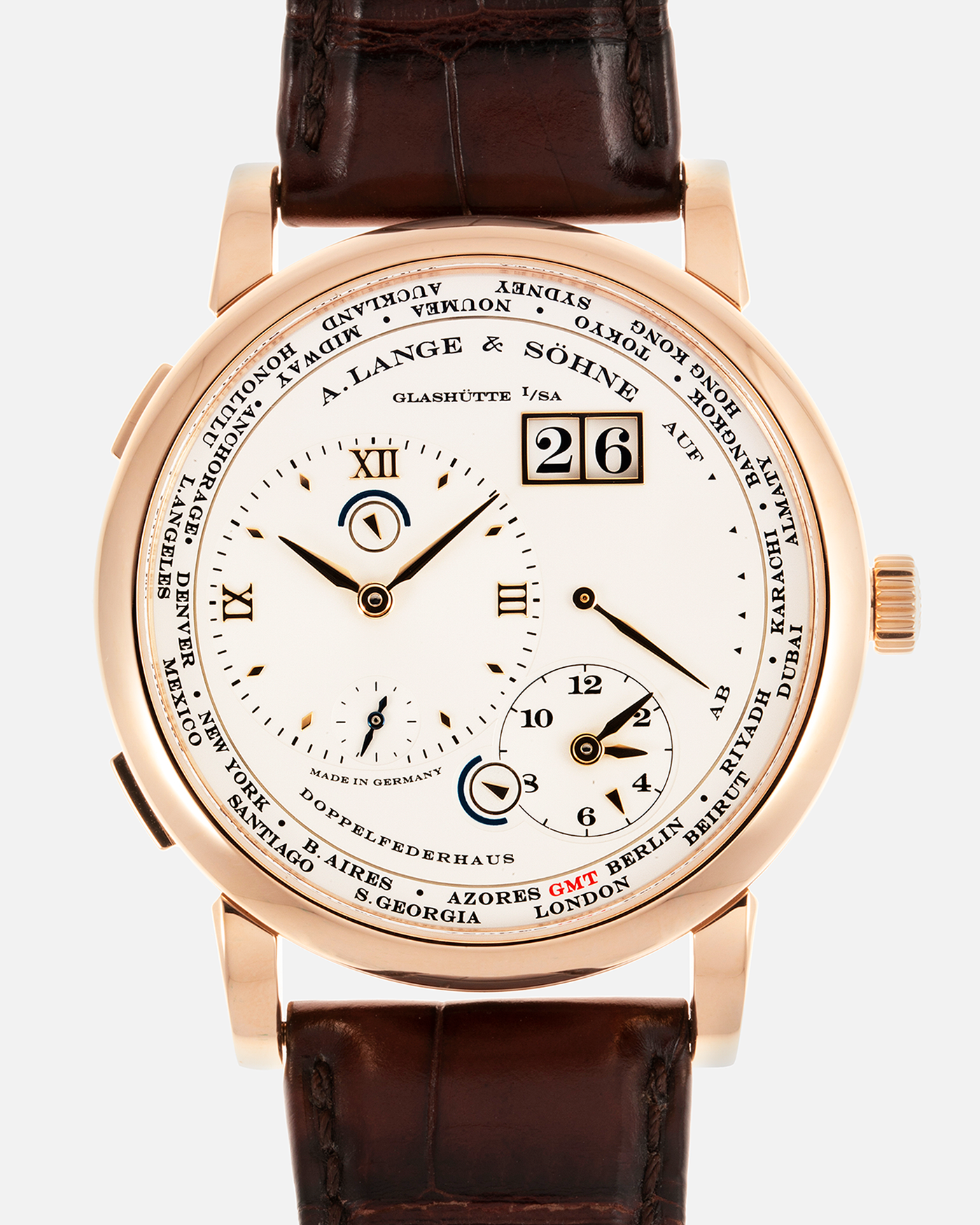 Brand: A. Lange & Sohne Year: 2015 Model: Lange 1 Time Zone (Zeit Zone) Reference Number: 116.032 Material: 18-carat Rose Gold Movement: Cal. L031.1, Manual Winding Case Diameter: 41.9mm Bracelet/Strap: A. Lange & Sohne Reddish Brown Alligator Strap with signed 18-carat Rose Gold Tang Buckle