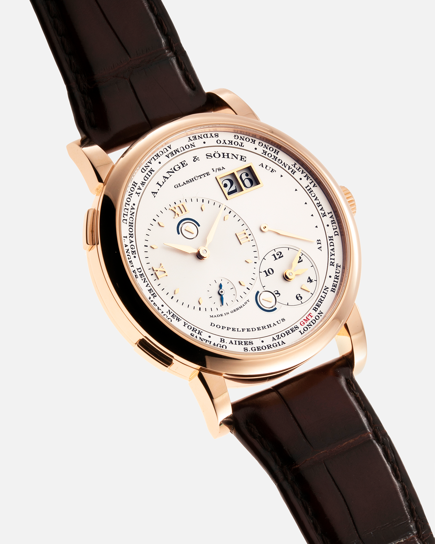 Brand: A. Lange & Sohne Year: 2015 Model: Lange 1 Time Zone (Zeit Zone) Reference Number: 116.032 Material: 18-carat Rose Gold Movement: Cal. L031.1, Manual Winding Case Diameter: 41.9mm Bracelet/Strap: A. Lange & Sohne Reddish Brown Alligator Strap with signed 18-carat Rose Gold Tang Buckle