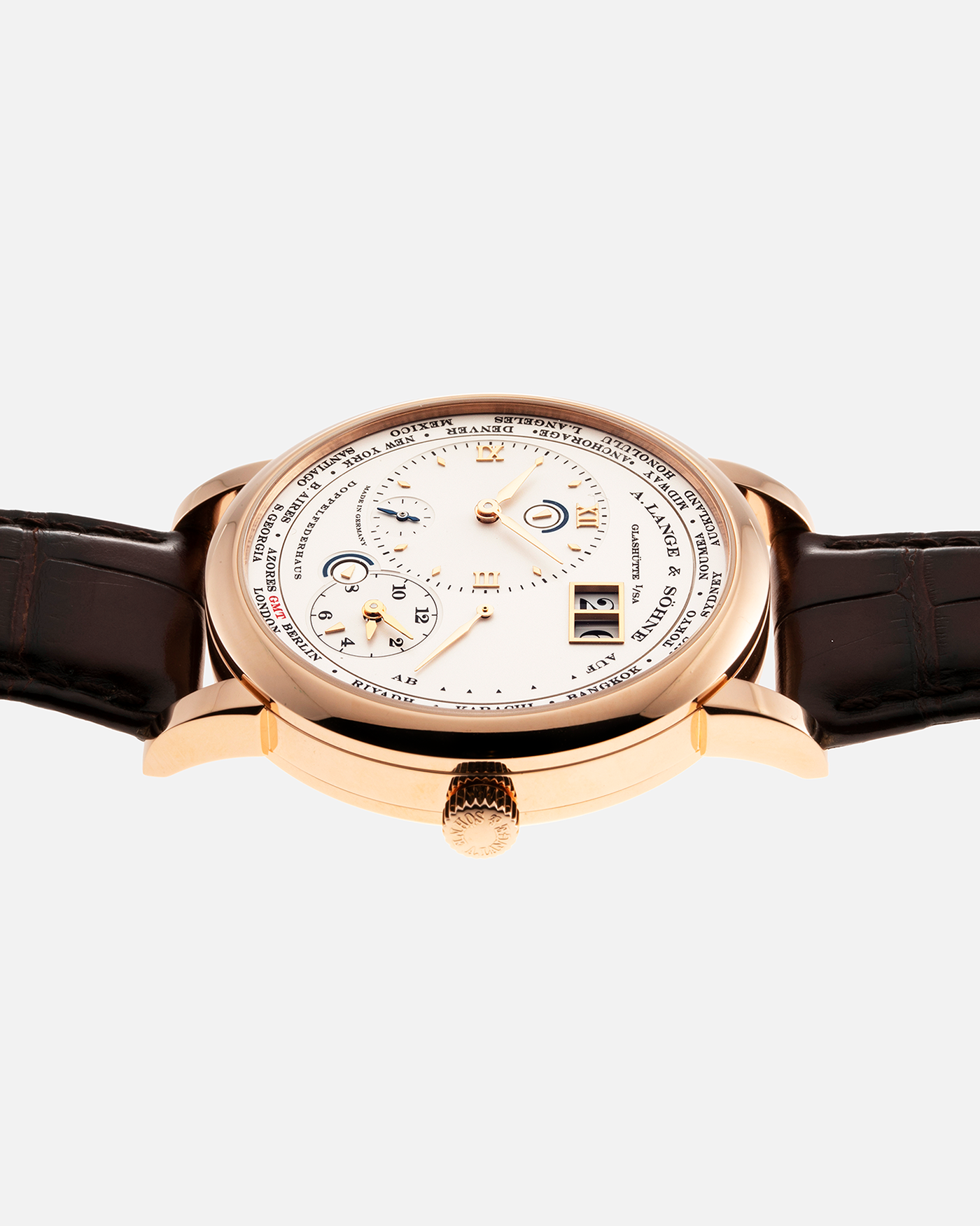 Brand: A. Lange & Sohne Year: 2015 Model: Lange 1 Time Zone (Zeit Zone) Reference Number: 116.032 Material: 18-carat Rose Gold Movement: Cal. L031.1, Manual Winding Case Diameter: 41.9mm Bracelet/Strap: A. Lange & Sohne Reddish Brown Alligator Strap with signed 18-carat Rose Gold Tang Buckle