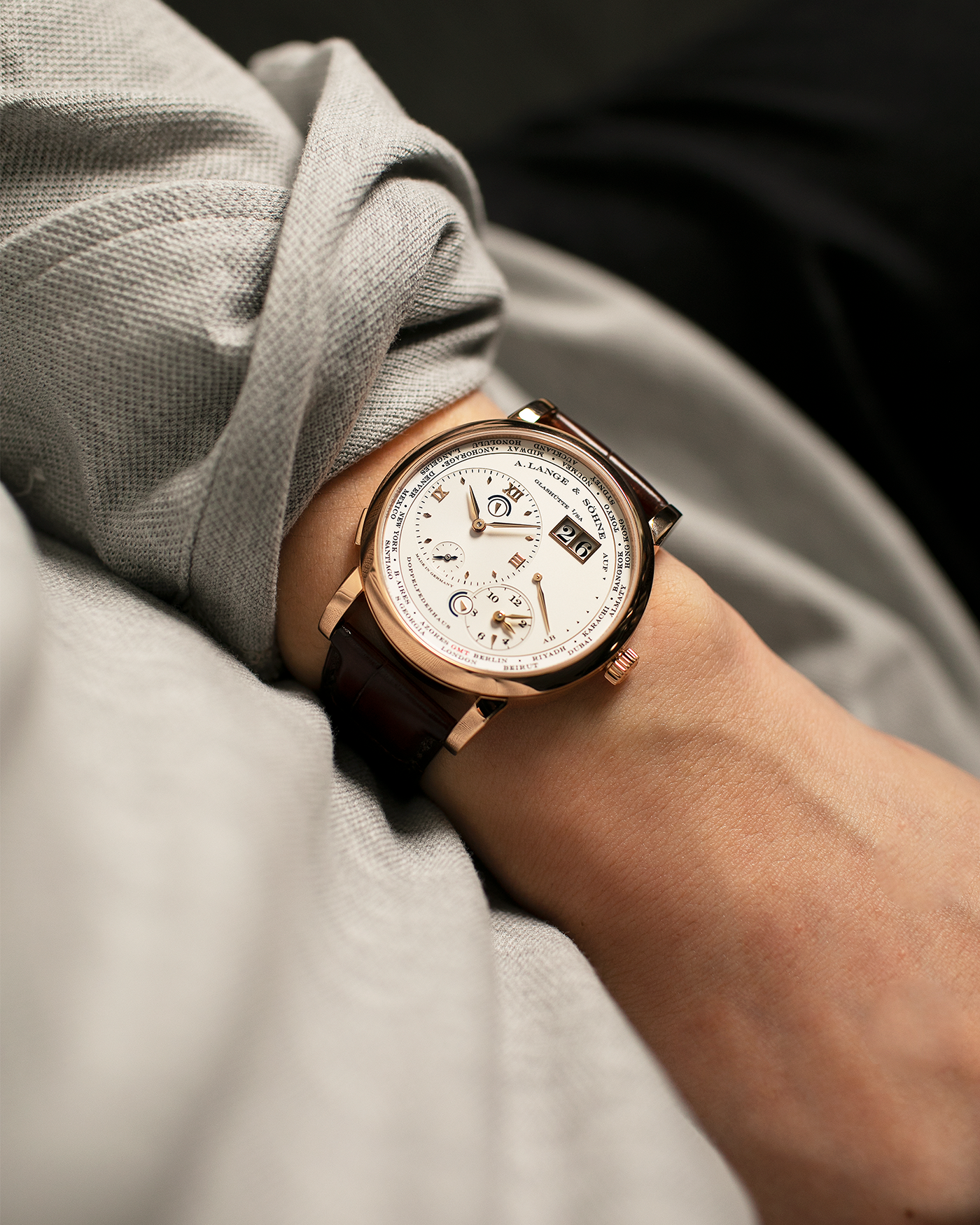 Brand: A. Lange & Sohne Year: 2015 Model: Lange 1 Time Zone (Zeit Zone) Reference Number: 116.032 Material: 18-carat Rose Gold Movement: Cal. L031.1, Manual Winding Case Diameter: 41.9mm Bracelet/Strap: A. Lange & Sohne Reddish Brown Alligator Strap with signed 18-carat Rose Gold Tang Buckle