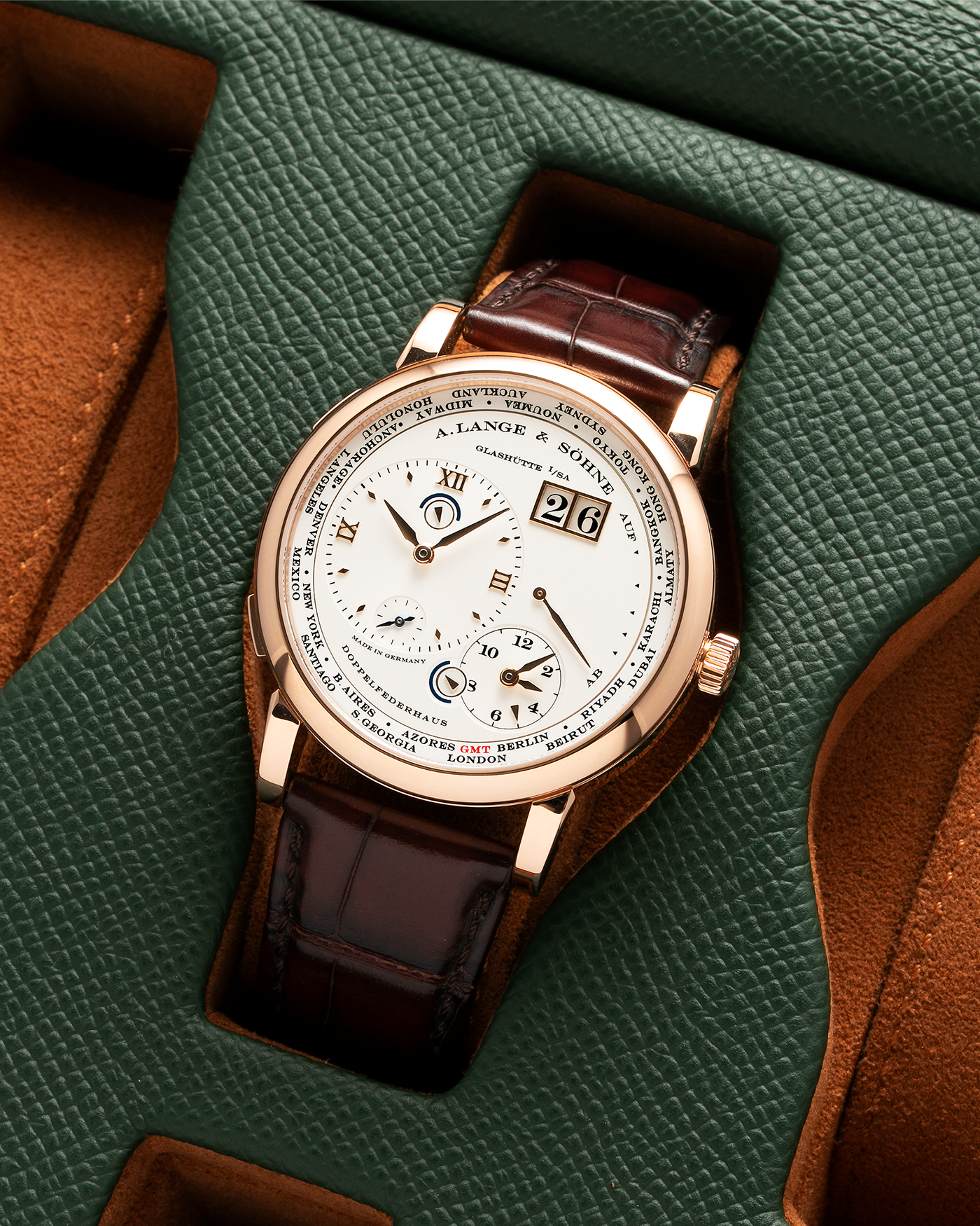 Brand: A. Lange & Sohne Year: 2015 Model: Lange 1 Time Zone (Zeit Zone) Reference Number: 116.032 Material: 18-carat Rose Gold Movement: Cal. L031.1, Manual Winding Case Diameter: 41.9mm Bracelet/Strap: A. Lange & Sohne Reddish Brown Alligator Strap with signed 18-carat Rose Gold Tang Buckle