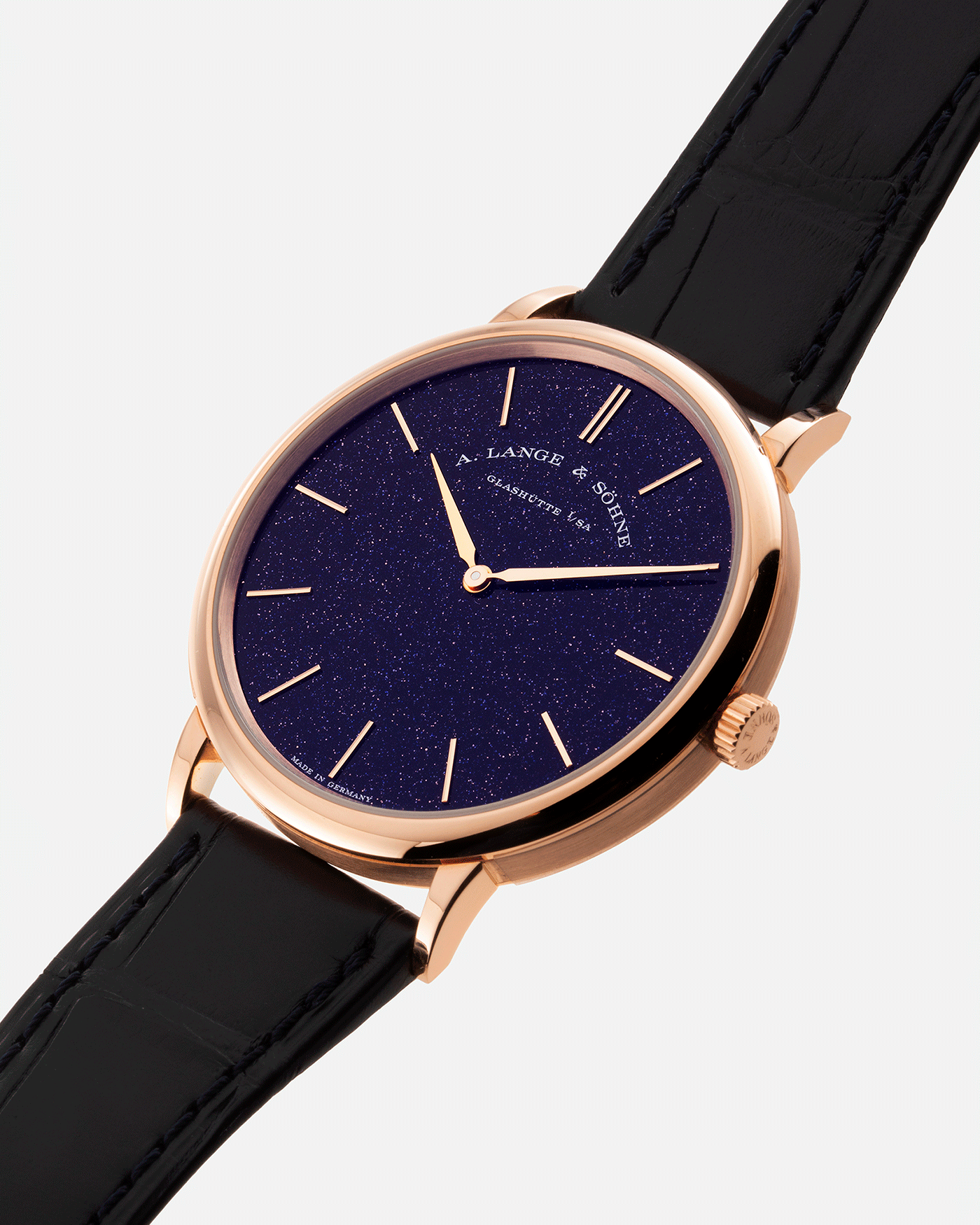 Brand: A. Lange & Sohne Year: 2021 Model: Saxonia Thin Adventurine Ref Number: 211.088 Material: 18k Rose Gold Movement: Manual Winding In-House Cal. L093.1 Case Diameter: 38mm Bracelet/Strap: A. Lange & Sohne Dark Blue Alligator Strap with signed 18k Rose Gold Tang Buckle