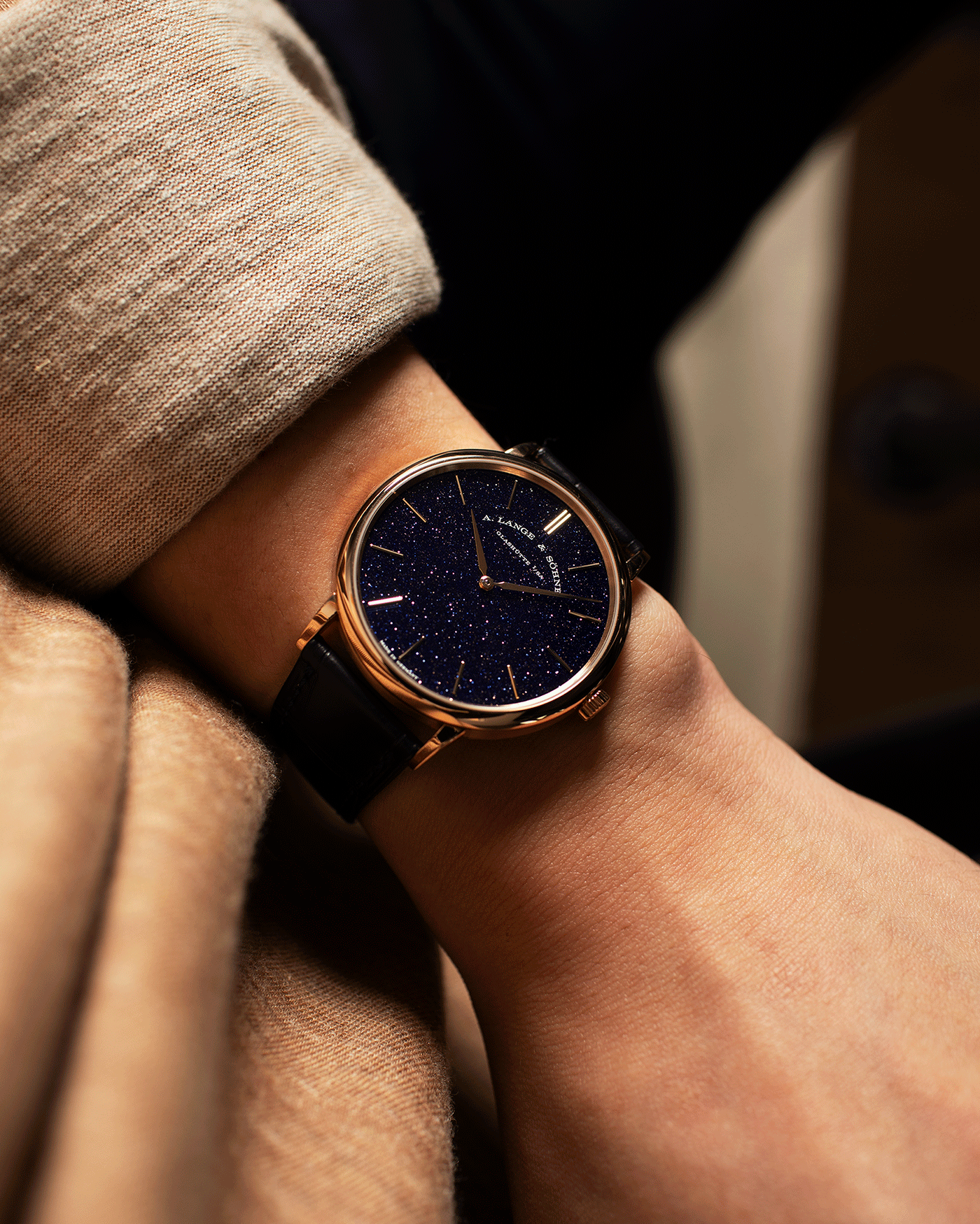 Brand: A. Lange & Sohne Year: 2021 Model: Saxonia Thin Adventurine Ref Number: 211.088 Material: 18k Rose Gold Movement: Manual Winding In-House Cal. L093.1 Case Diameter: 38mm Bracelet/Strap: A. Lange & Sohne Dark Blue Alligator Strap with signed 18k Rose Gold Tang Buckle
