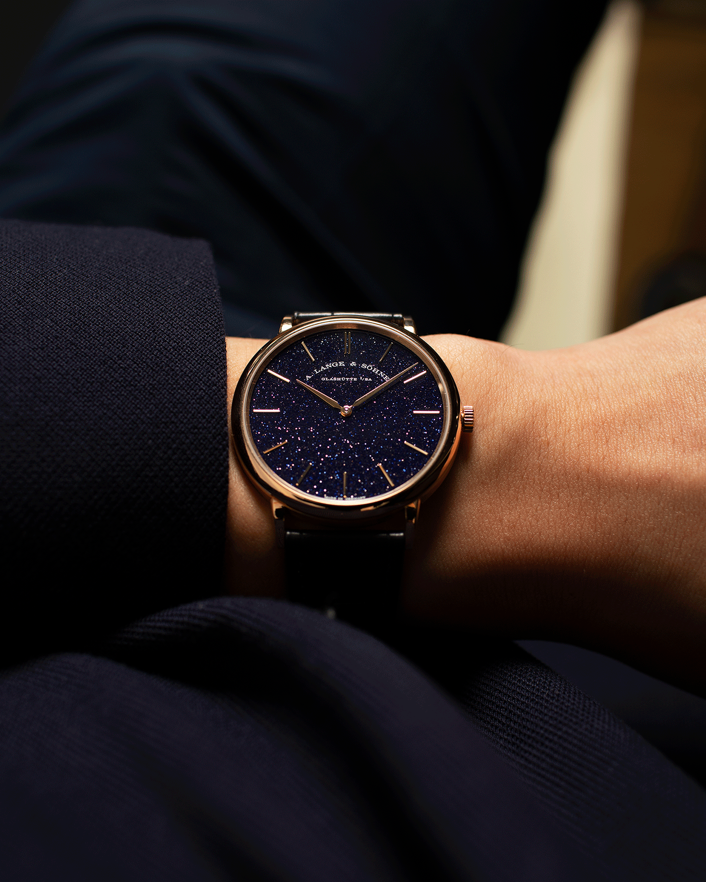 Brand: A. Lange & Sohne Year: 2021 Model: Saxonia Thin Adventurine Ref Number: 211.088 Material: 18k Rose Gold Movement: Manual Winding In-House Cal. L093.1 Case Diameter: 38mm Bracelet/Strap: A. Lange & Sohne Dark Blue Alligator Strap with signed 18k Rose Gold Tang Buckle