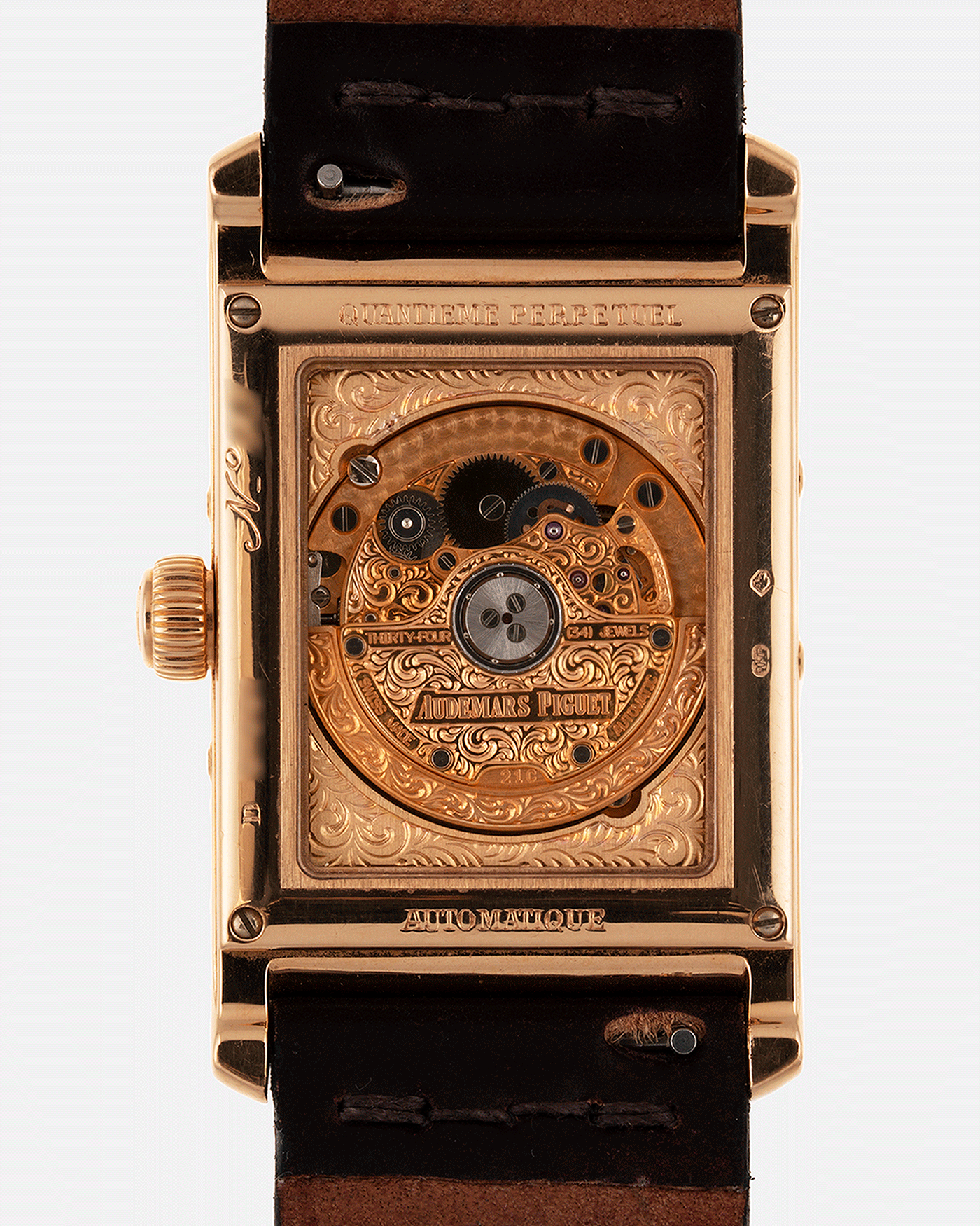 Brand: Audemars Piguet Year: 1990’s Model: Edward Piguet Reference Number: 25853OR Material: 18k Rose Gold Movement: Cal 2141 Case Diameter: 27mmX45mm Bracelet: Dark Brown Horween Shell Cordovan Strap and 18k Rose Gold Audemars Piguet Tang Buckle