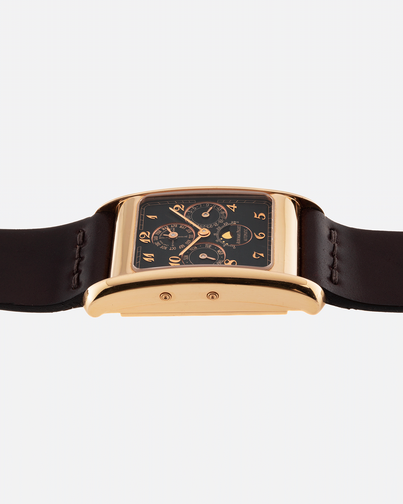 Brand: Audemars Piguet Year: 1990’s Model: Edward Piguet Reference Number: 25853OR Material: 18k Rose Gold Movement: Cal 2141 Case Diameter: 27mmX45mm Bracelet: Dark Brown Horween Shell Cordovan Strap and 18k Rose Gold Audemars Piguet Tang Buckle