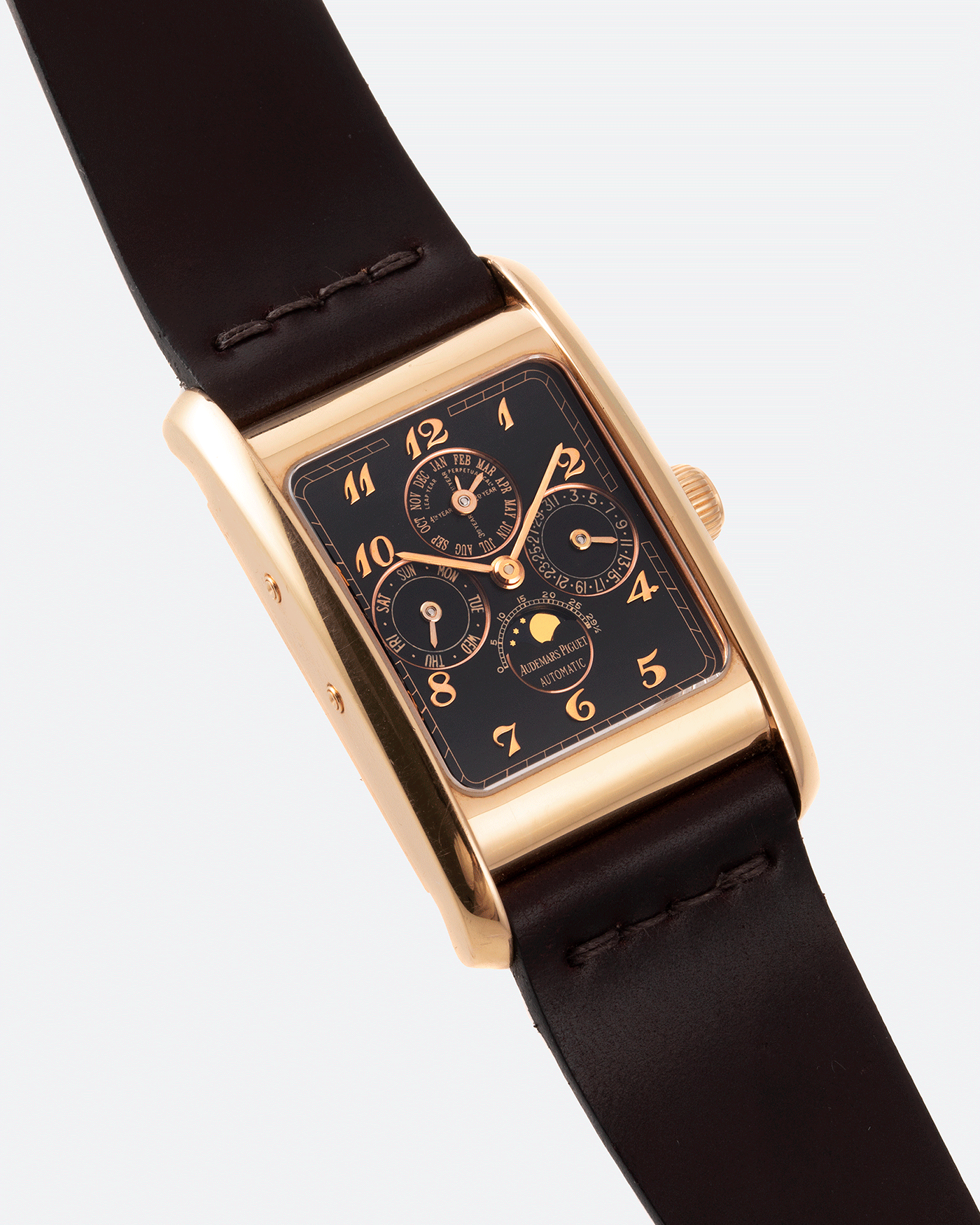 Brand: Audemars Piguet Year: 1990’s Model: Edward Piguet Reference Number: 25853OR Material: 18k Rose Gold Movement: Cal 2141 Case Diameter: 27mmX45mm Bracelet: Dark Brown Horween Shell Cordovan Strap and 18k Rose Gold Audemars Piguet Tang Buckle