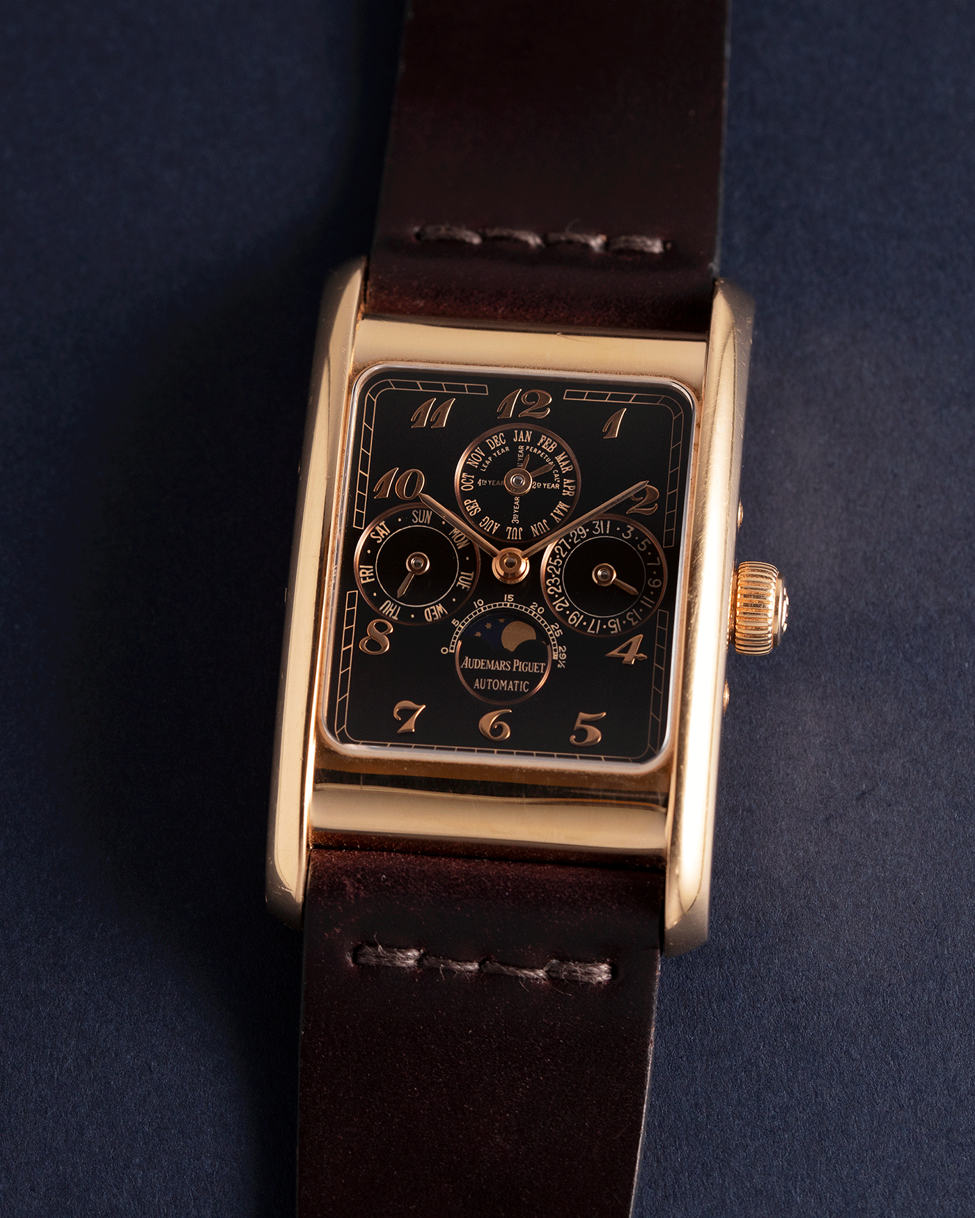 Brand: Audemars Piguet Year: 1990’s Model: Edward Piguet Reference Number: 25853OR Material: 18k Rose Gold Movement: Cal 2141 Case Diameter: 27mmX45mm Bracelet: Dark Brown Horween Shell Cordovan Strap and 18k Rose Gold Audemars Piguet Tang Buckle