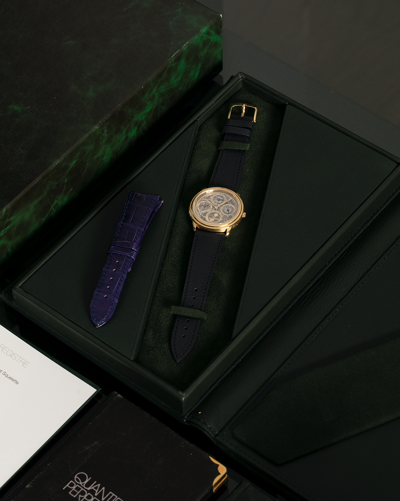 Brand: Audemars Piguet Year: 1980’s Model: Quantieme Perpetual Calendar Openworked Reference Number: 25668BA Material: 18k Yellow Gold Movement: Cal. 2120/2800 Case Diameter: 39mm Bracelet: Molequin Navy Blue Textured Calf and 18k Yellow Gold Audemars Piguet Tang Buckle with additional Audemars Piguet Purple Crocodile Strap