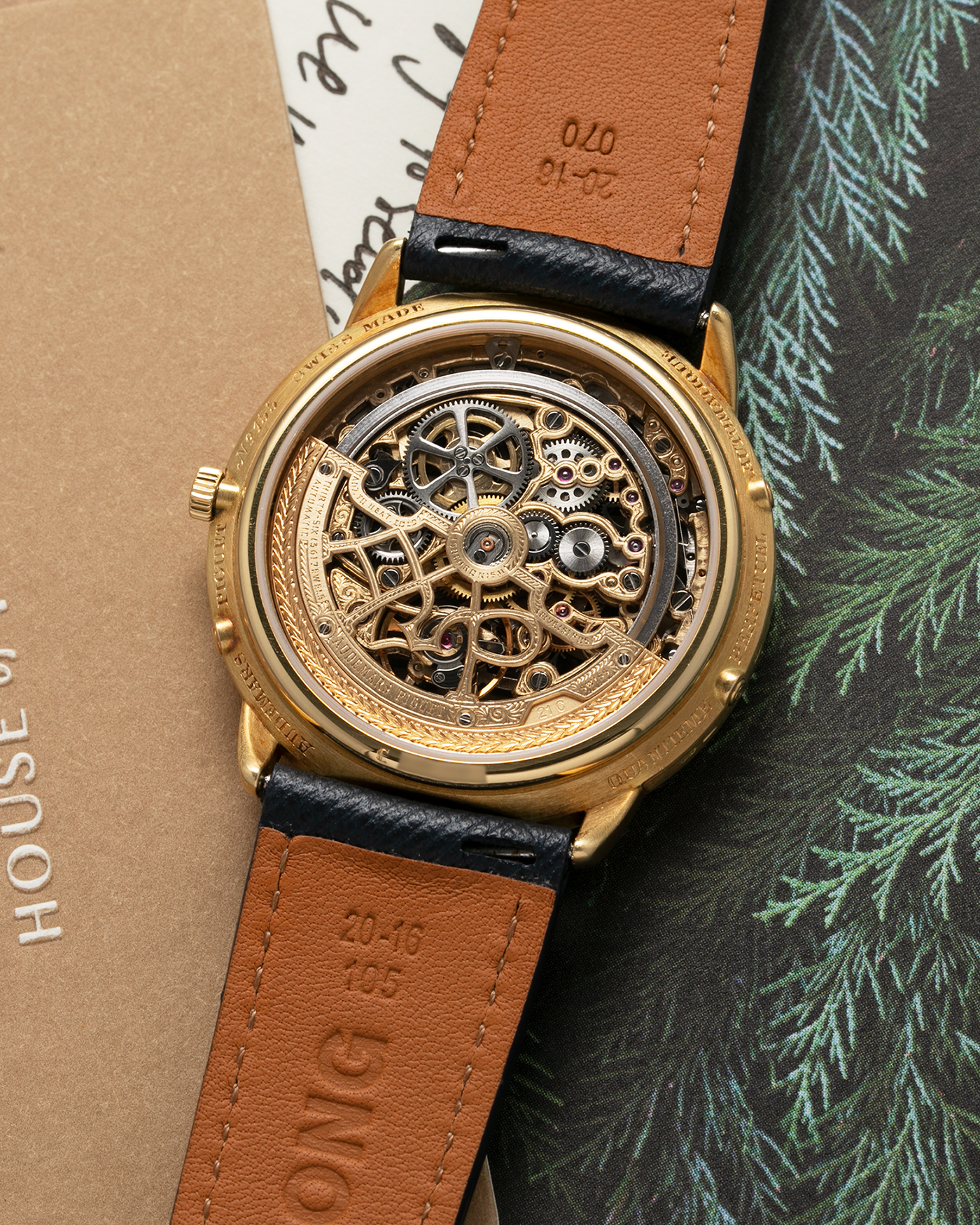 Brand: Audemars Piguet Year: 1980’s Model: Quantieme Perpetual Calendar Openworked Reference Number: 25668BA Material: 18k Yellow Gold Movement: Cal. 2120/2800 Case Diameter: 39mm Bracelet: Molequin Navy Blue Textured Calf and 18k Yellow Gold Audemars Piguet Tang Buckle with additional Audemars Piguet Purple Crocodile Strap