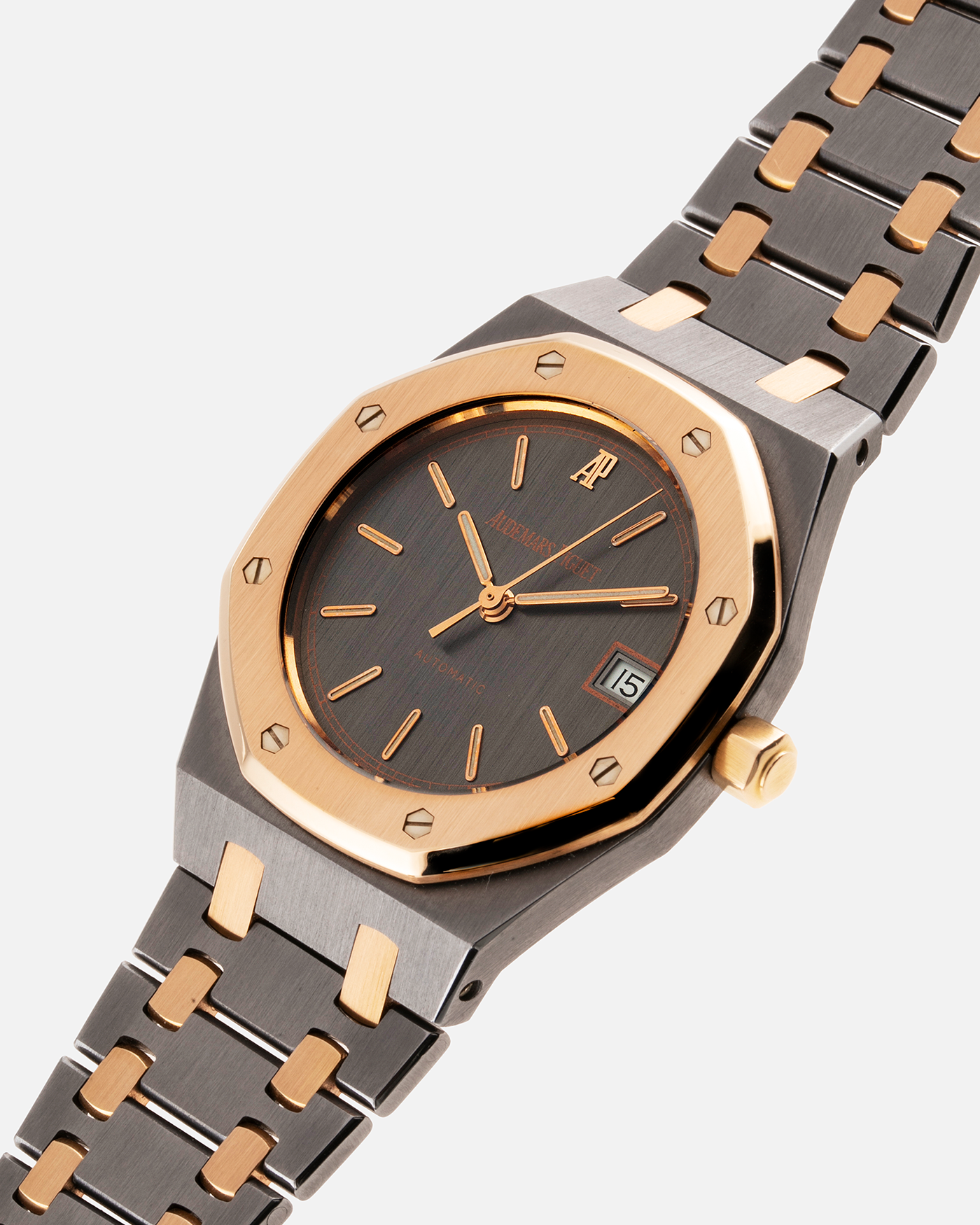 Brand: Audemars Piguet Year: 1990’s Model: Royal Oak Reference Number: 14790TR Material: Tantalum and Rose Gold Movement: Cal. 2225 Case Diameter: 36mm Bracelet: Audemars Piguet Integrated Tantalum and Rose Gold Bracelet