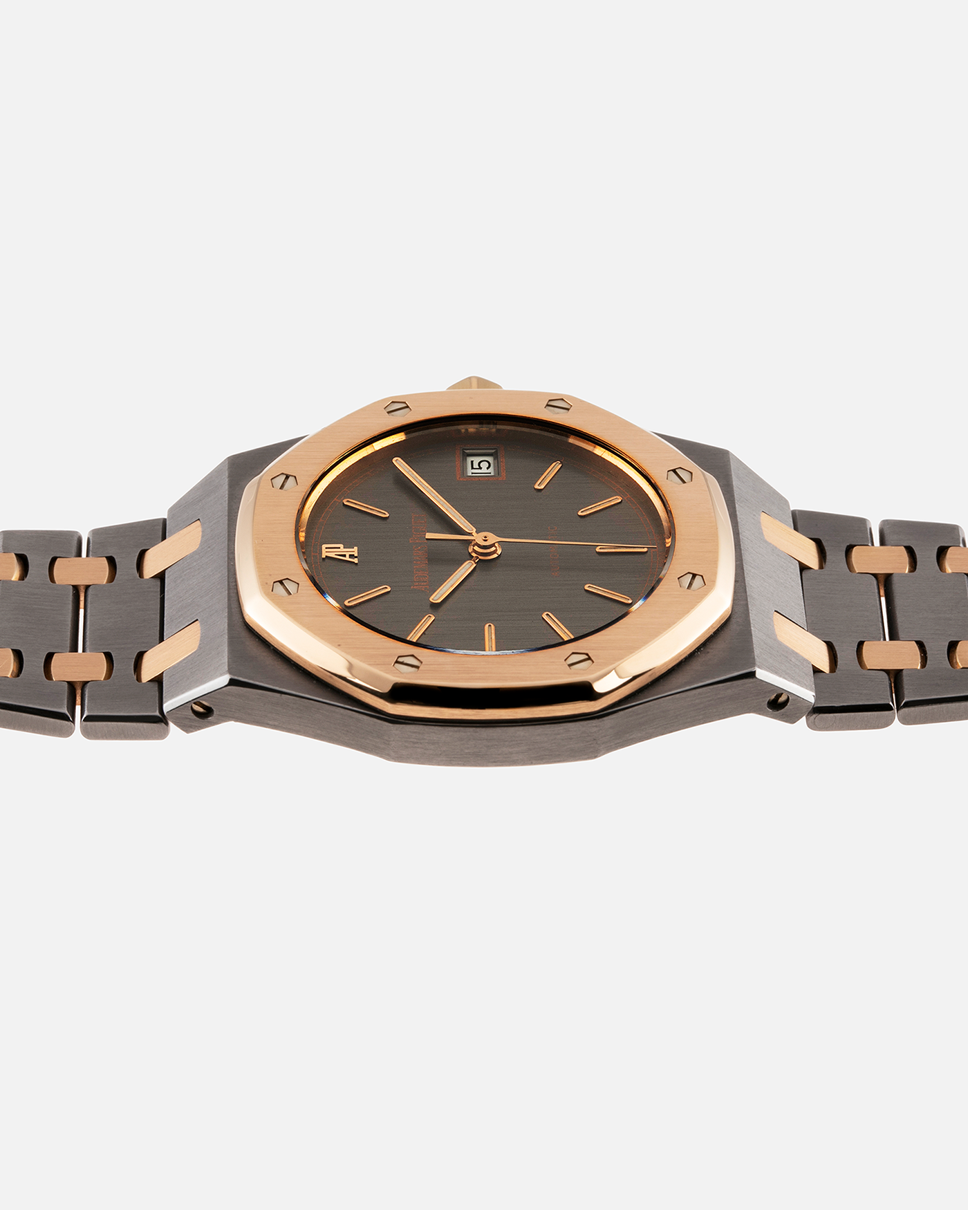Brand: Audemars Piguet Year: 1990’s Model: Royal Oak Reference Number: 14790TR Material: Tantalum and Rose Gold Movement: Cal. 2225 Case Diameter: 36mm Bracelet: Audemars Piguet Integrated Tantalum and Rose Gold Bracelet