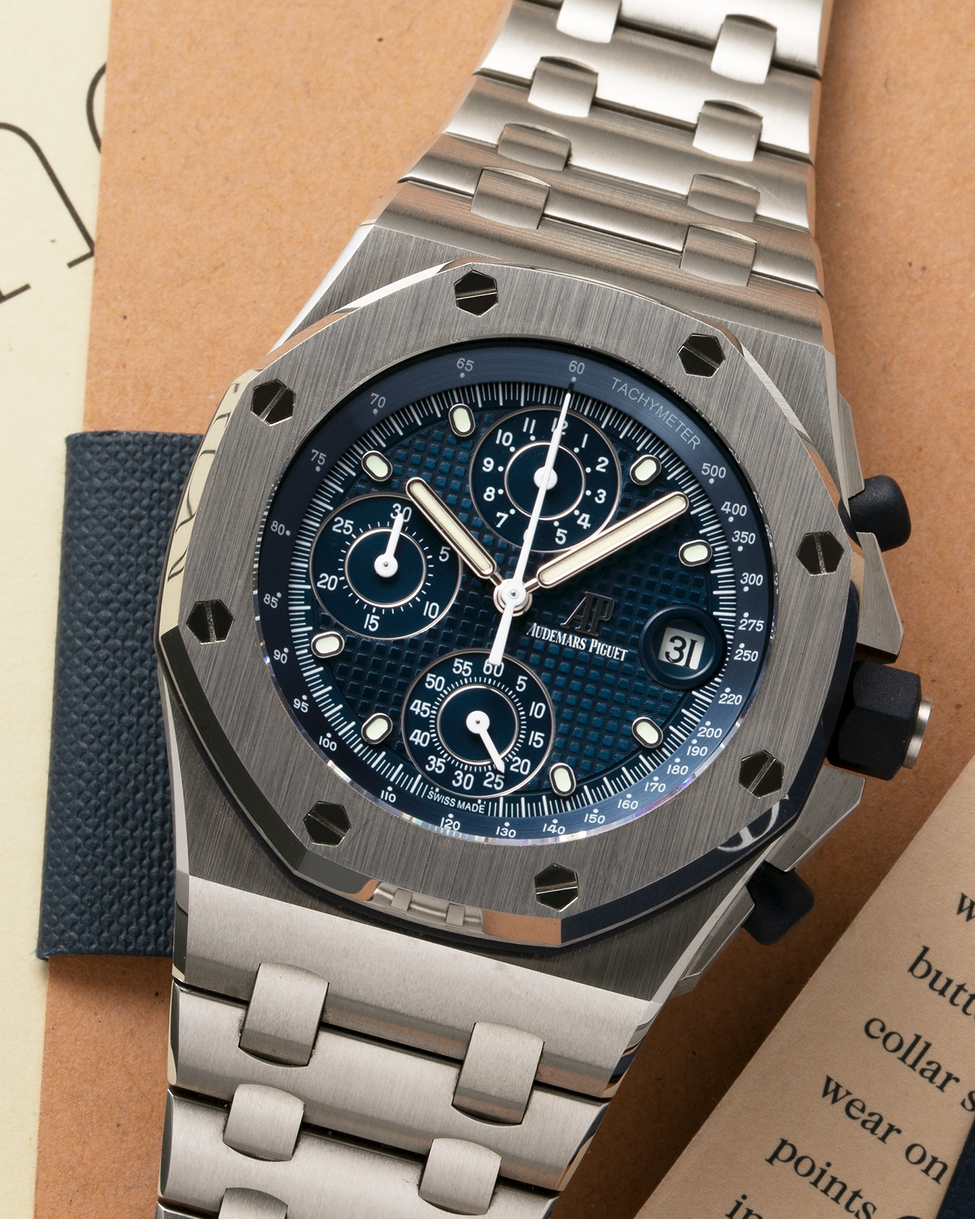 Brand: Audemars Piguet Year: 2021 Model: Royal Oak Offshore Chronograph Ref. 26238ST Material: Stainless Steel Movement: Cal.4404, Self-Winding, Flyback Chronograph Case Diameter: 42mm Strap: Audemars Piguet Stainless Steel Integrated Bracelet, additional Audemars Piguet Rubber Strap with Signed Stainless Steel Tang Buckle 