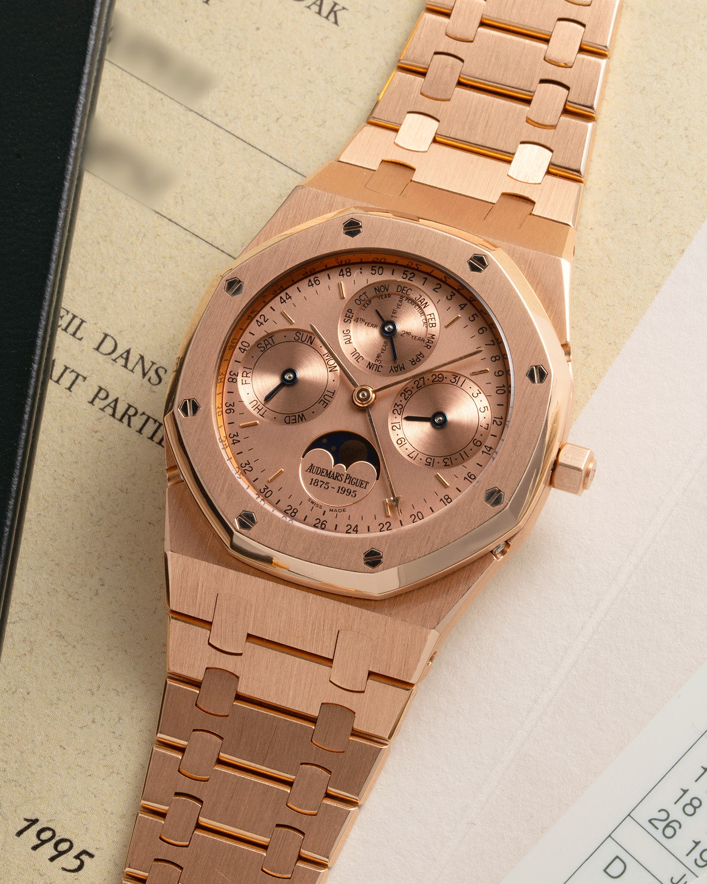 Brand: Audemars Piguet Year: 1995 Model: Royal Oak Reference Number: 25810 Material: 18k Rose Gold Movement: Cal. 2120/2802 Case Diameter: 39mm Bracelet: 18k Rose Gold Audemars Piguet Integrated Bracelet