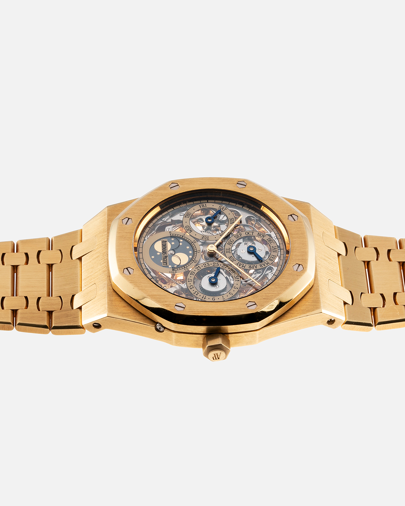 Brand: Audemars Piguet Year: 1990’s Model: Royal Oak Perpetual Calendar Quantieme Openworked Skeleton Reference Number: 25636BA Material: 18k Yellow Gold Movement: Cal. 2120/2800 Case Diameter: 39mm Bracelet: 18k Yellow Gold Audemars Piguet Integrated Bracelet