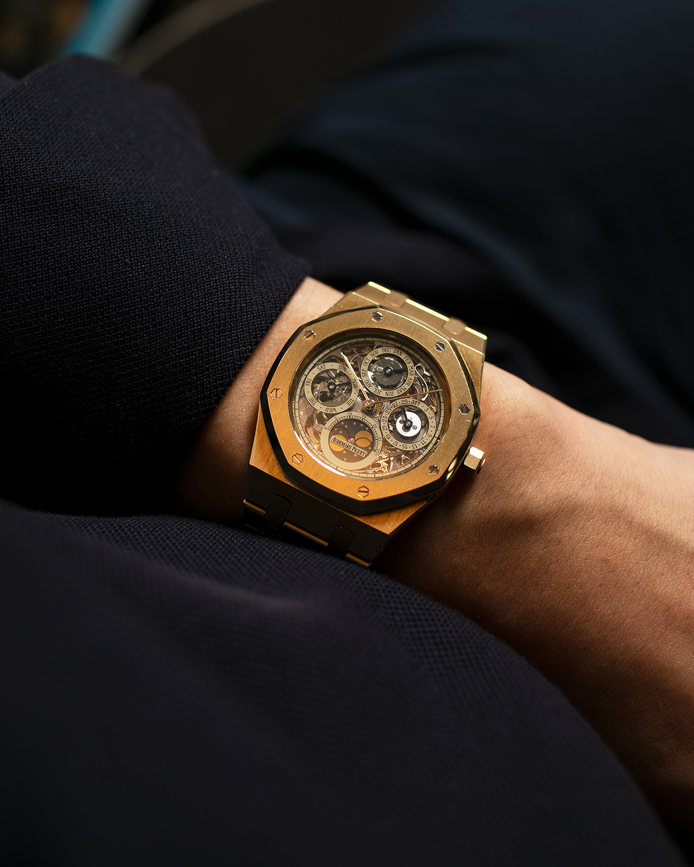 Brand: Audemars Piguet Year: 1990’s Model: Royal Oak Perpetual Calendar Quantieme Openworked Skeleton Reference Number: 25636BA Material: 18k Yellow Gold Movement: Cal. 2120/2800 Case Diameter: 39mm Bracelet: 18k Yellow Gold Audemars Piguet Integrated Bracelet