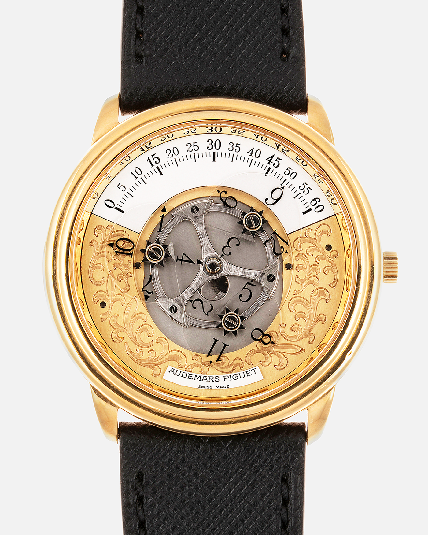 Brand: Audemars Piguet Year: 1990’s Model: Star Wheel Reference Number: 25720BA Material: 18k Yellow Gold  Movement: Cal. 2224 Case Diameter: 36mm Bracelet: Molequin Navy Blue Textured Calf and 18k Yellow Gold Tang Buckle