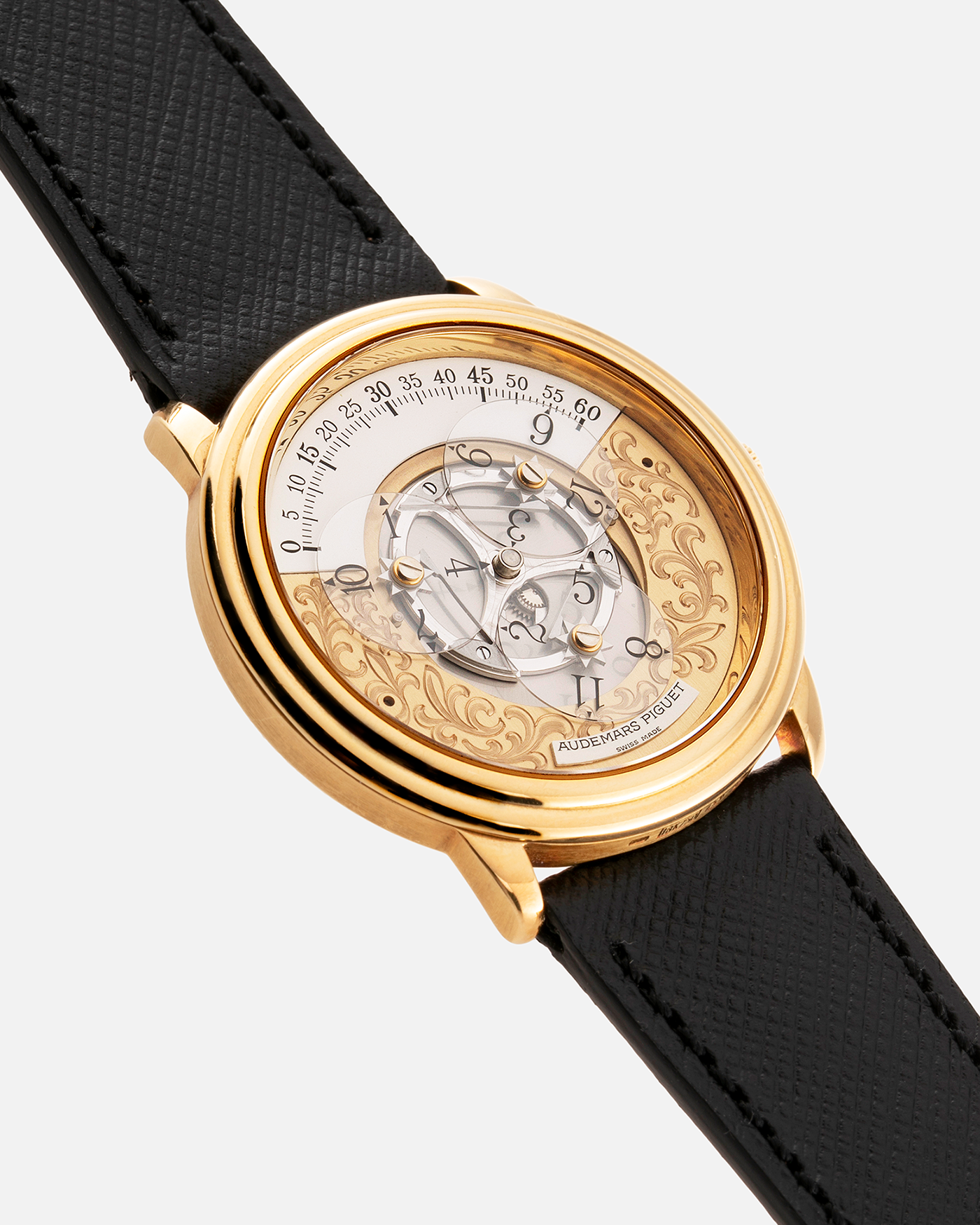 Brand: Audemars Piguet Year: 1990’s Model: Star Wheel Reference Number: 25720BA Material: 18k Yellow Gold  Movement: Cal. 2224 Case Diameter: 36mm Bracelet: Molequin Navy Blue Textured Calf and 18k Yellow Gold Tang Buckle