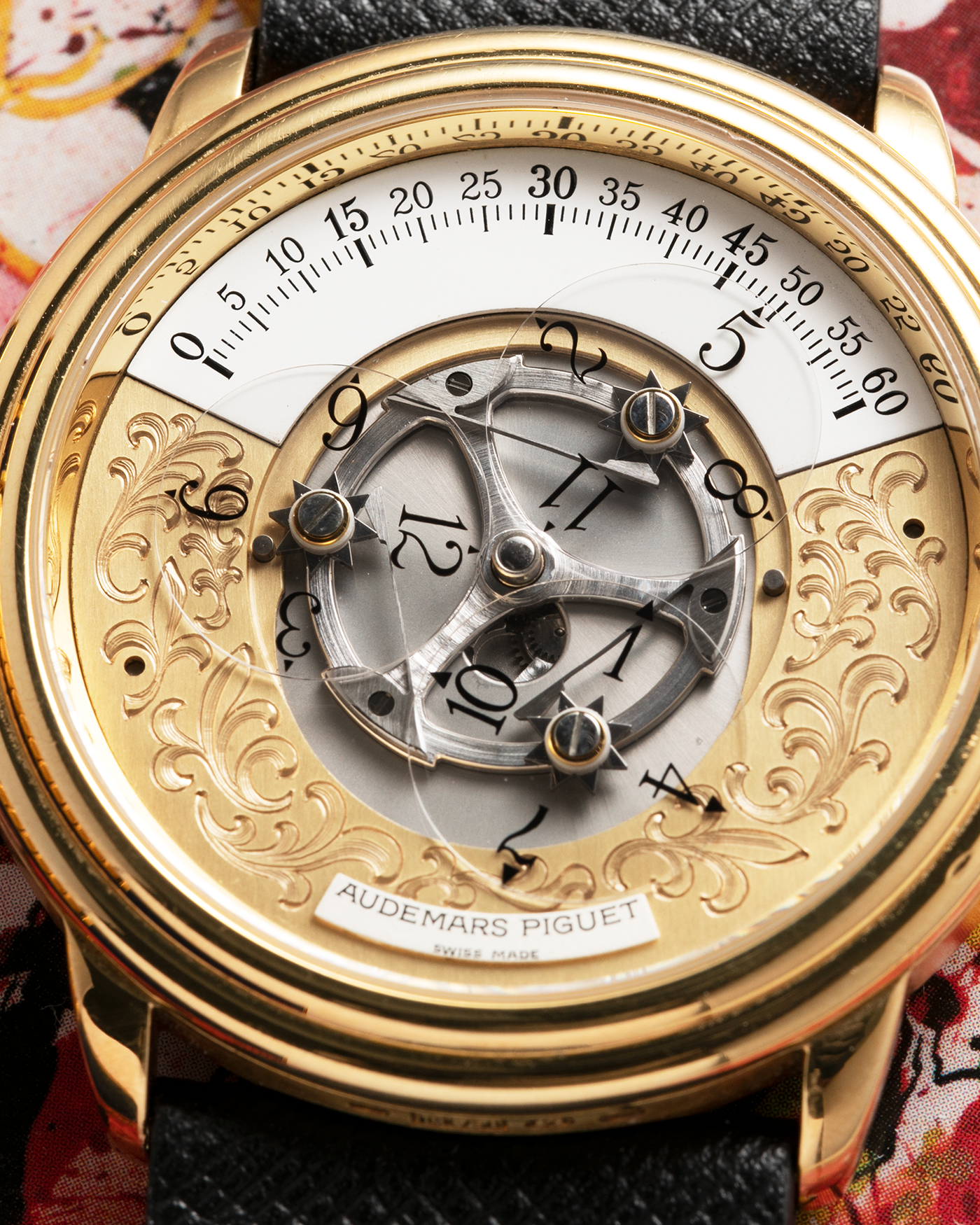 Brand: Audemars Piguet Year: 1990’s Model: Star Wheel Reference Number: 25720BA Material: 18k Yellow Gold  Movement: Cal. 2224 Case Diameter: 36mm Bracelet: Molequin Navy Blue Textured Calf and 18k Yellow Gold Tang Buckle