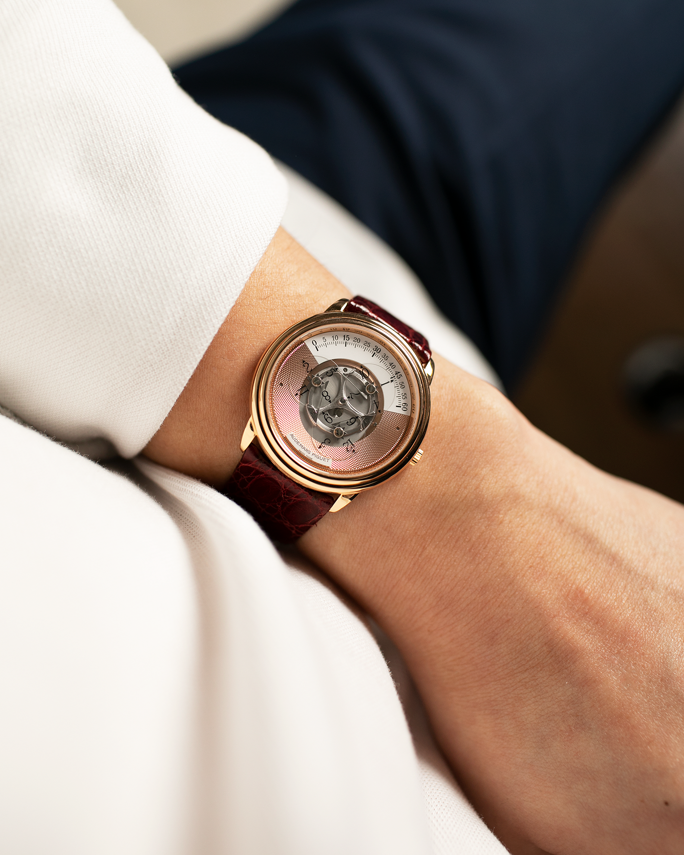 Brand: Audemars Piguet Year: 1990’s Model: Star Wheel Reference Number: 25720OR Material: 18k Rose Gold  Movement: Cal. 2224 Case Diameter: 36mm Bracelet: Audemars Piguet Red Alligator Strap and 18k Rose Gold Tang Buckle